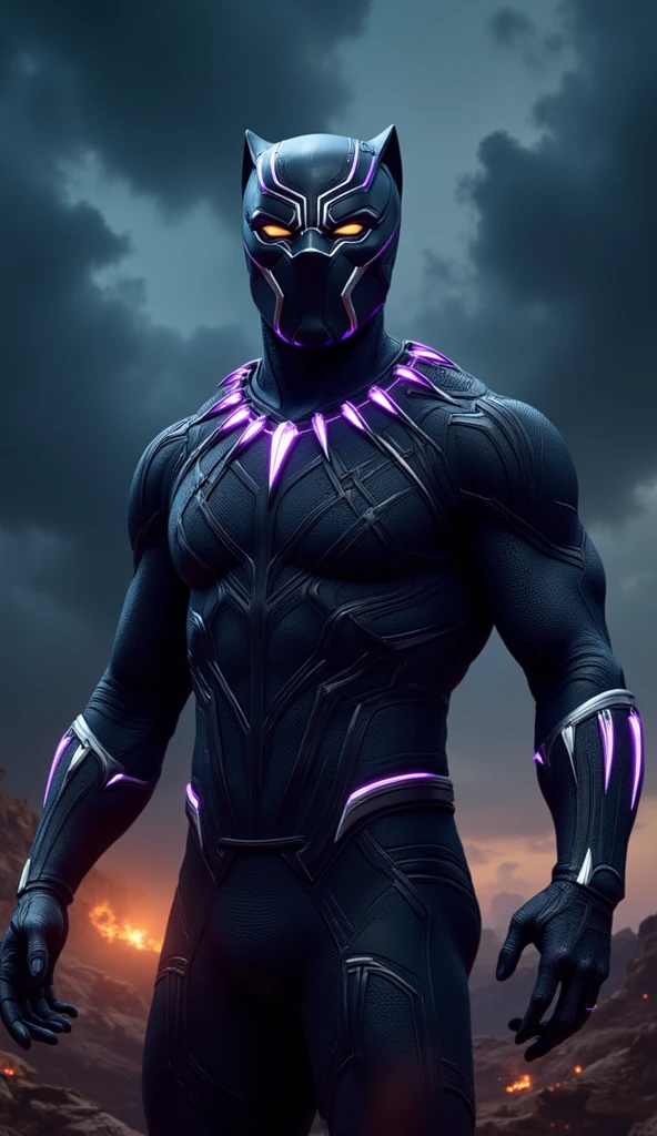 Create a mesmerizing visual depiction of the Black Panther, adorned in his sleek and powerful vibranium suit, exuding an aura of regal strength. With his majestic presence, he stands tall, gripping the almighty infinity gauntlet, which pulsates with cosmic energy. His suit gleams with a metallic sheen, enhancing his formidable physique and emphasizing his muscular frame. The background is bathed in a celestial glow, depicting the vast expanse of the cosmos, with distant stars and galaxies stretching out into infinity. The Black Panther's intense gaze reflects his unwavering determination as he harnesses the incredible power of the gauntlet to protect the universe from impending doom.