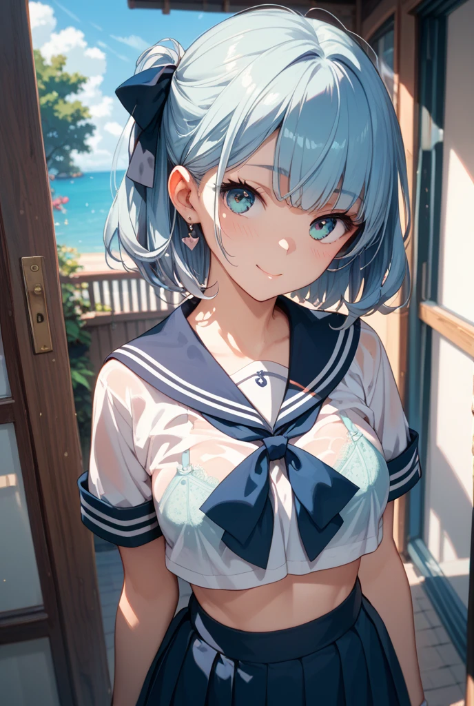 Cornflower art, dreamy, (masterpiece, top quality, perfect anatomy, beautiful face, realistic, super detailed, 1 girl, 18 ears senile, solo, depth of field, canon 24mm lens, f1.4, cute_girl, sailor_ collar, clear facial features, short sleeves, small breasts, slender stature, height 170, barefoot, double ponytail, bangs, gravure pose, outdoor, jungle, Blurred background, (Uwabaki: 1.1576)) Drenched all over, clear liquid dripping from the crotch, the front of the shirt is exposed, the breasts are visible, transparent bra, light blue striped buns,