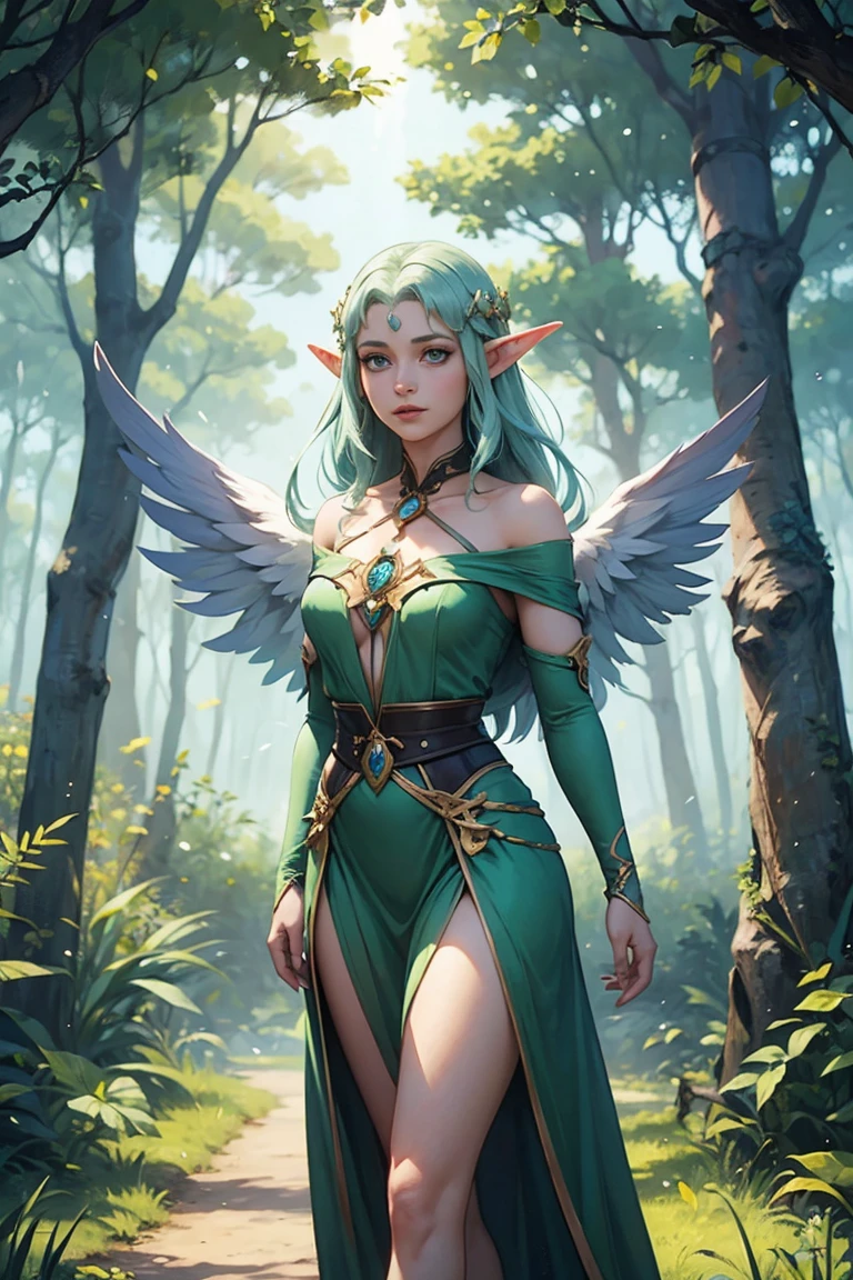 Full Body Portrait, Forest Elf, (Best Quality, 8K, Masterpiece: 1.3), Petite Body, (Beautiful and Detailed Eyes), (Super Detail), (Desktop Wallpaper), Beautiful Face, (Detailed Face), Clear Facial Features,,Ray Glow,Optical, Panoramic Illumination, Atmospheric Perspective, Dawn, Anti-Aliasing: 5D, Light Painting, Color, Perfect Body Beauty: 1.4 Huge wings, symmetrical transparent wings, Stunning details, (Dynamic pose), Close-up, Battle Form, with a group of leprechauns behind it, surrounded by morning fog