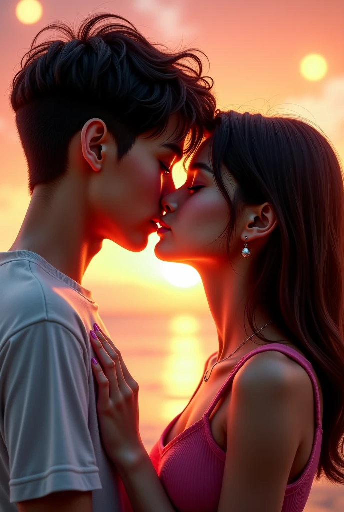 Casal jovem se beijando, praia, coqueiro