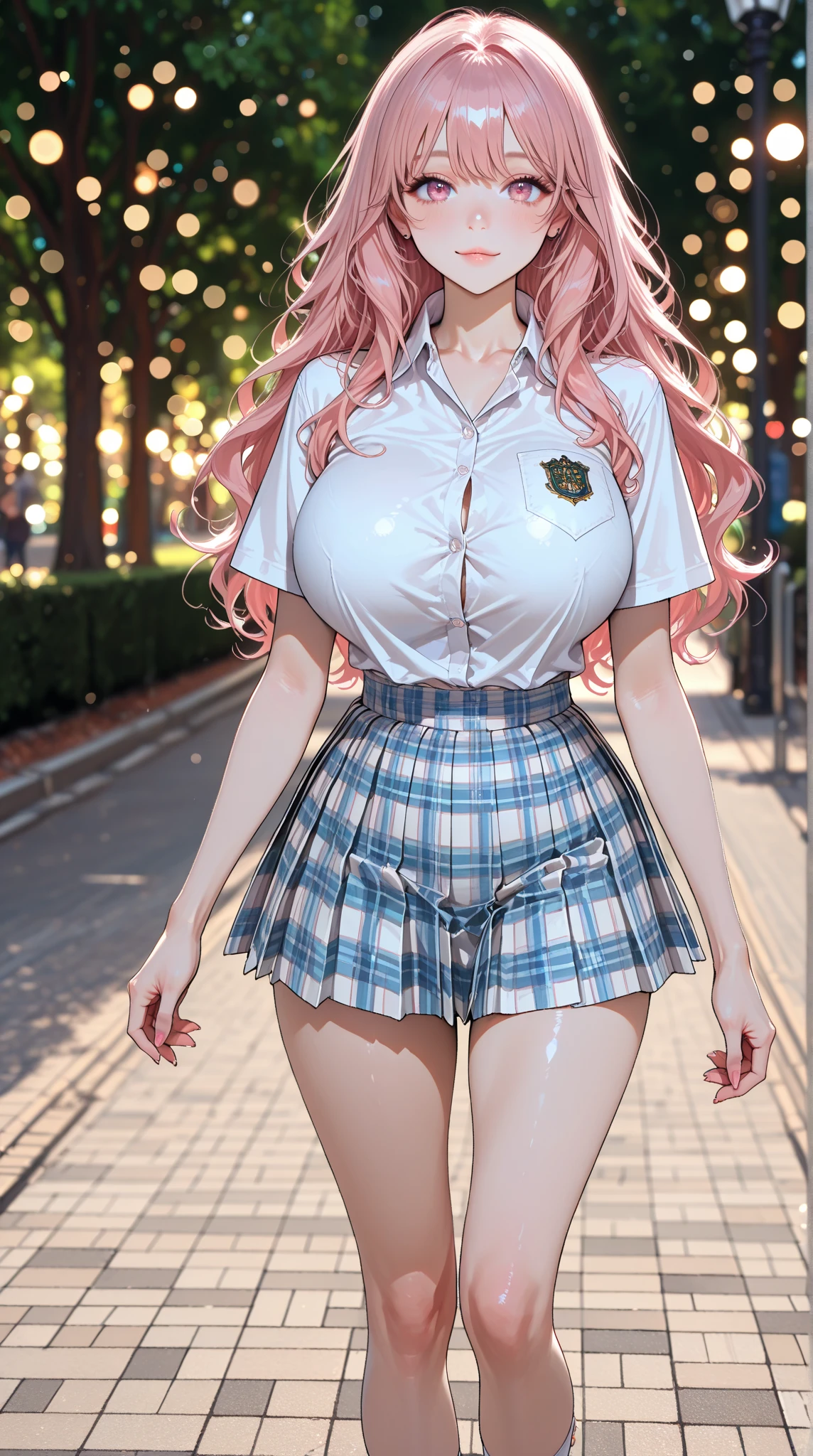 (masterpiece, computer, mejor quality, Clear focus, shadow, of the rays of God, ultra high resolution, 8K, anatomía perfecta, rostro perfecto, (detailed face), (detailed eye), score_9, score_8_above, score_7_above, score_6_above, score_5_above, score_4_above, kilde_ animated, Label 1, Label2, quality_masterpiece, anatomically correct , beautiful face, rostro perfecto, Beautiful and highly detailed face and eyes, Attractive Face , detailed face, delicate facial features, bare shoulders, huge breasts, breast size cup D or DD, wide hips, gigantic butt, thick thighs. watching the viewer. fantastic environment. anime-style illustration with an elegant, slim build and pronounced bust, with long pink hair and school uniform. The scene is viewed from a low and dynamic angle, in an outdoor environment that looks like a school roof with metal railings and clear sky. The character wears a uniform blouse, short plaid skirt, knee-length black stockings and school shoes. Its posture is tilted forward, looking at the spectator with a mischievous and confident expression. The composition emphasizes the dynamism of the pose, with soft light details, shadows realistas y un acabado digital brillante típico de ilustraciones modernas de anime.