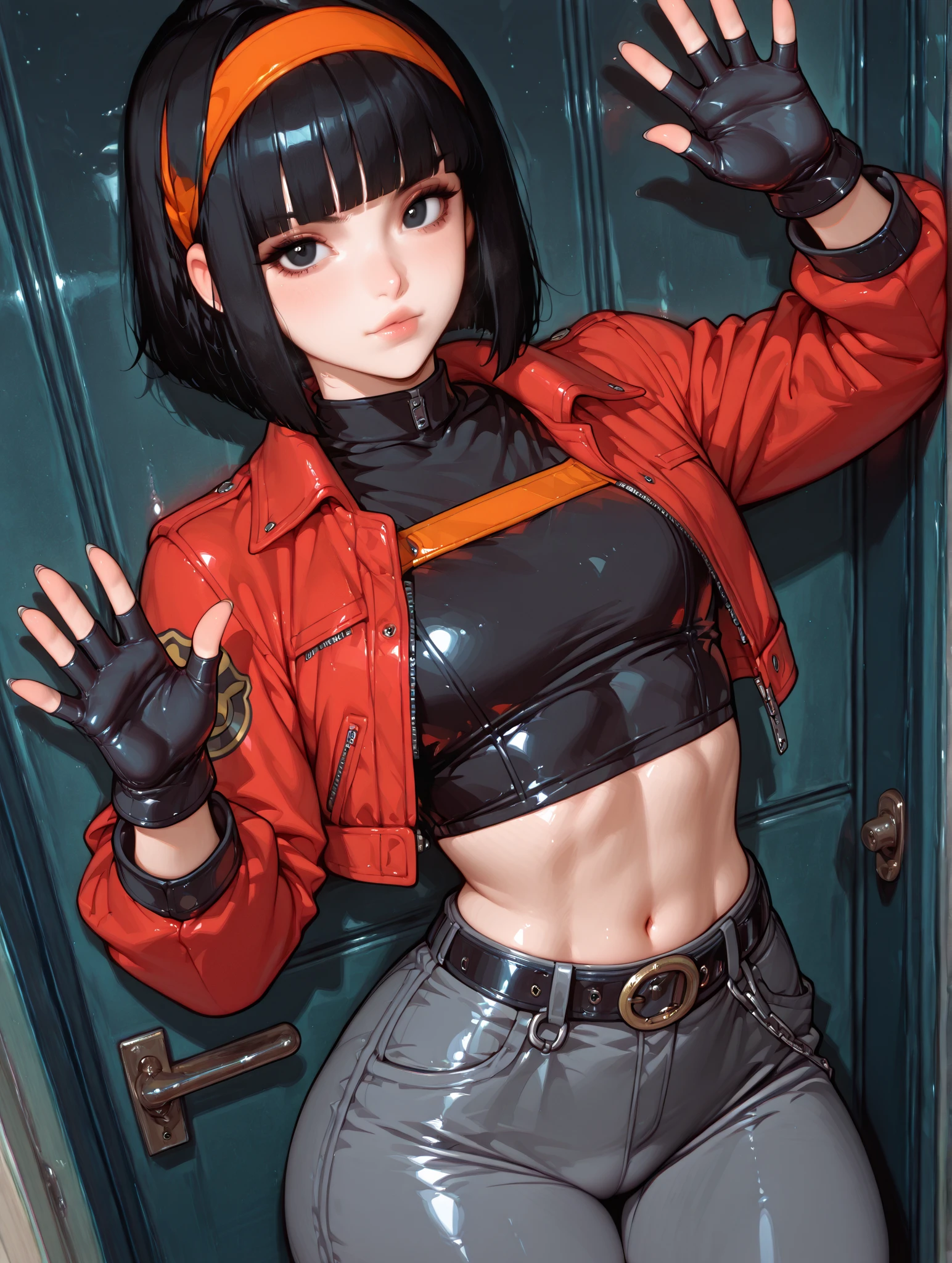 (masterpiece, best quality:1.2), noodle (gorillaz), black hair, 1girl, gloves, short hair, streaked hair, black gloves, guitar, black eyes, multicolored hair, looking at viewer, bangs, jacket, parted lips, solo, collar, fur trim, breasts, small breasts, bob cut, choker, sparkle, glint, necklace, collarbone, black jacket, red collar, bracelet, skirt, cleavage, cropped jacket, blush, ribbon, chain, chain necklace, 1girl, pov, female pov, FPOV, vaginal, sex, cum, masterpiece, best quality, 1boy, implied sex, hetero, cum on body, male focus, implied penetration, (from above: 1.5), girl on top, boy on bottom, suggestive fluid, cowgirl position, straddling, navel, on back, lying, blurry foreground, muscular, looking at viewer, detailed clothes, detailed nipples
