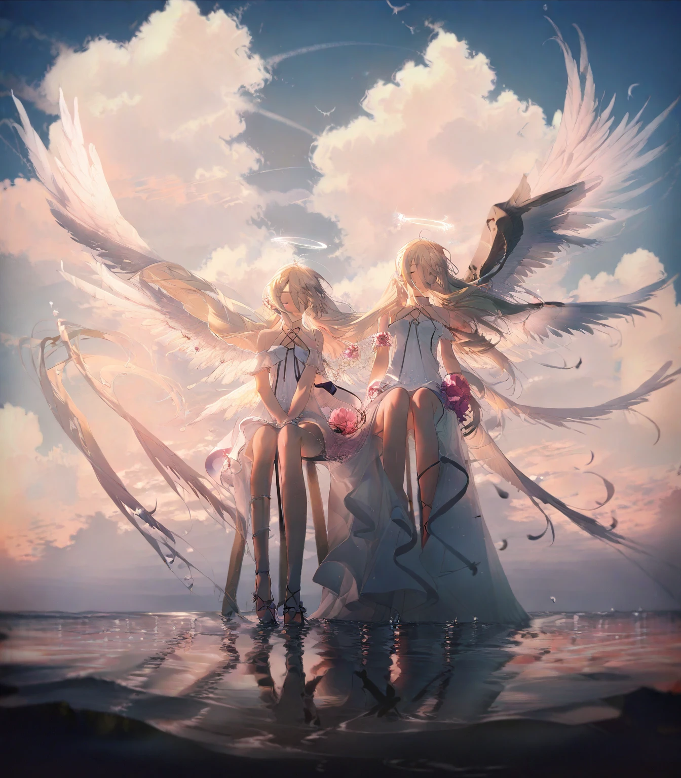 men angels, falling ,Ceu, sunset, clouds, sober colors, Melancholic, Grieving, Scrawny, bonitas, corpo bonitas, rosto Grieving, feathers, wings