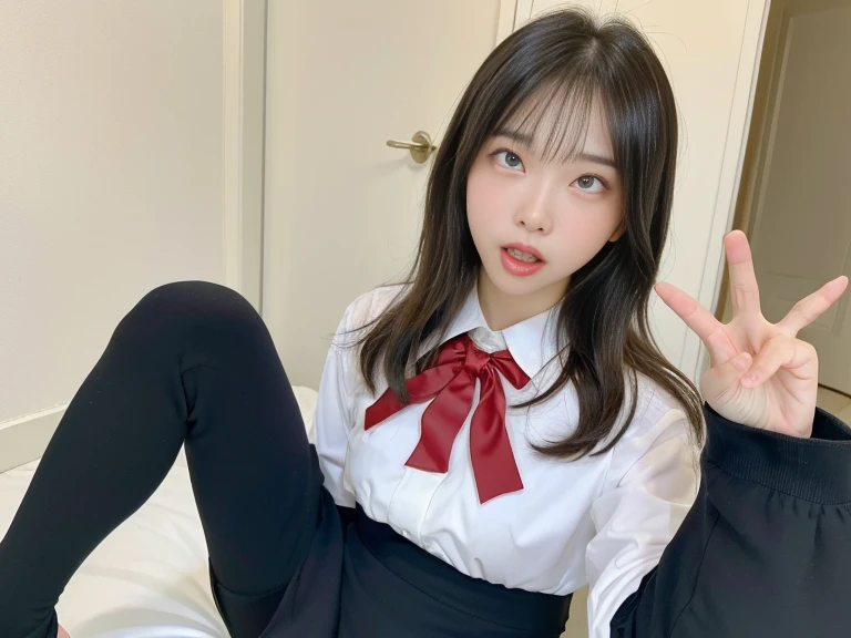 There is a woman taking a selfie in front of her house, popular south korean makeup, Popular Korean Makeup, Young adorable Korean face, korean face features, wan adorable korean face, with round face, beautiful aesthetic face, young cute wan asian face, sakimichan, ulzzangs, beautiful Korean women, Korean Girl, 8K selfie photo