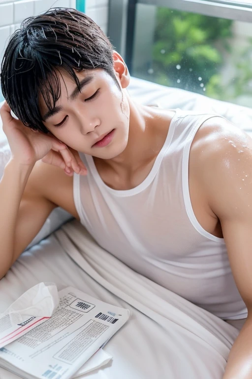 A slim, muscular, handsome Japanese high school boy sleeping with his eyes closed, with a youthful face, white skin, bare upper body, and ripped abs. He is lying on his back on the bed in the nurse&#39;s office, with his arms tied above his head.