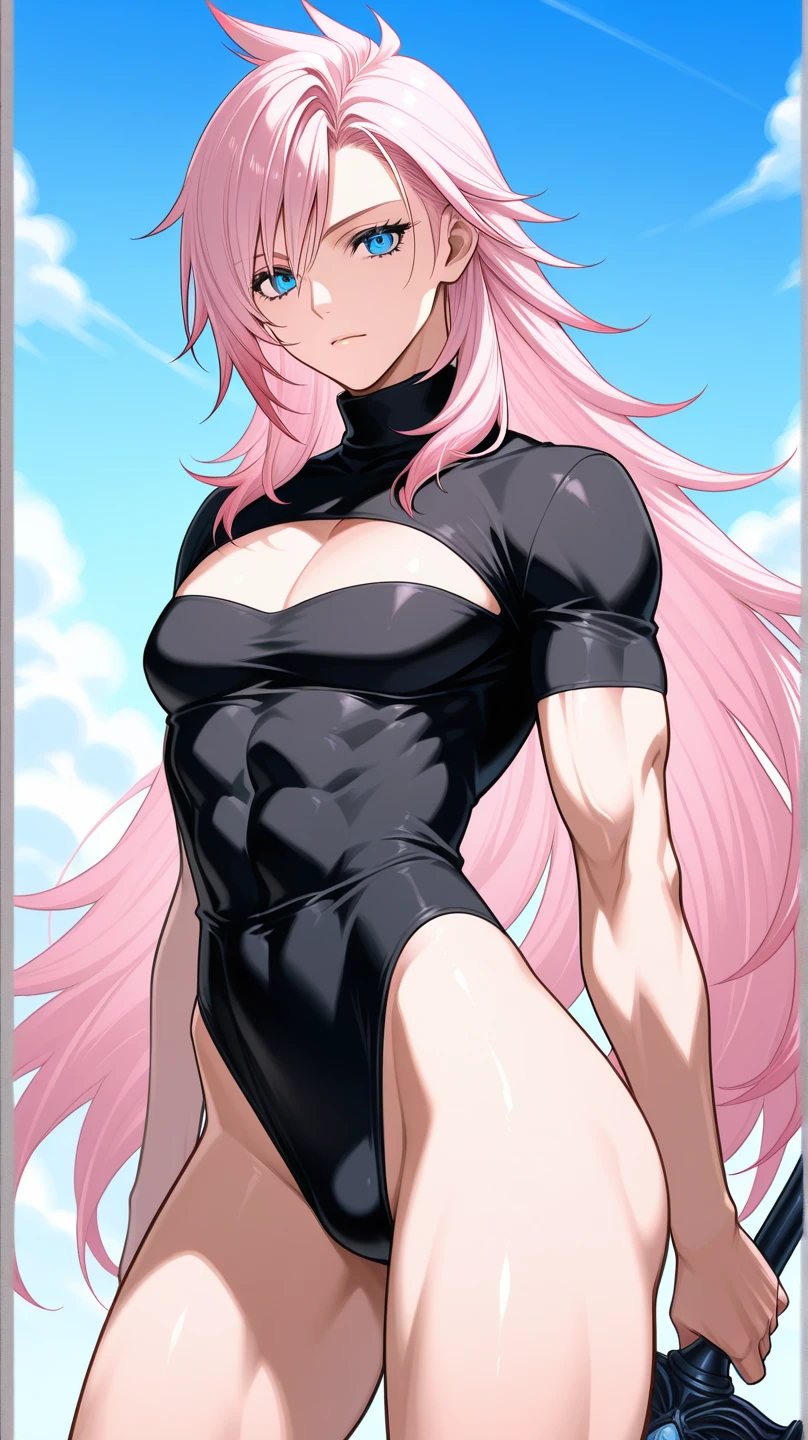 Boy, male body, adult, girl face, seductive face, seductive look, long pink hair, perfect body, fit body, abdomen, tight paddle top with long sleeve, muscular, small breasts, pants, bulge, trap, sissy,