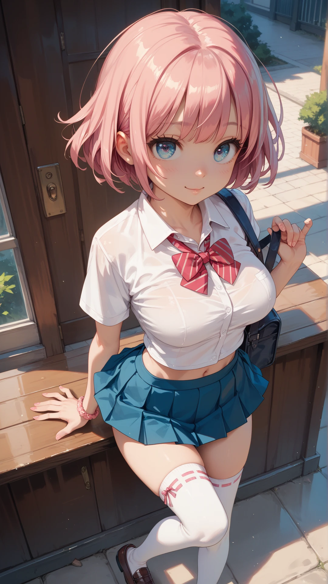 ((a 25yo girl), Sayla Mass, elegant), bending waist,whole body、see the beholder, young woman,bright smile、shy、blush、expression of ecstasy、erotic、charming、Charm、bob short、bangs、shiny blonde hair、blue eyes、long, well-shaped eyelashes、perfect eyes、Slender eyes、glossy pale pink lips、(Plump slender body of a young woman、plump body:1.3、shiny skin、Beautiful big breasts:1.1、thin waist、Beautiful butt、Thick thighs、beautiful long legs)、perfect arms、perfect hands、perfect fingers、perfect body shape、perfect anatomy、(Army pink uniform dress with short super uper miniskirt You can see the pants in the miniskirt), cameltoe, lilac lace shorts、Bright red long boots), steam、steam、sexy genital pose gesture、cheeky pose、(putting fingertips on lips),(with sparkling eyes and a contagious smile),nsfw, From Above、cowboy shot, no gravity, figure, Bright colors, Practical Light, (background is blurred:0.8)、highest quality, disorganized, good quality、Realistic, ultra high resolution, masterpiece、HDR、UHD、8k