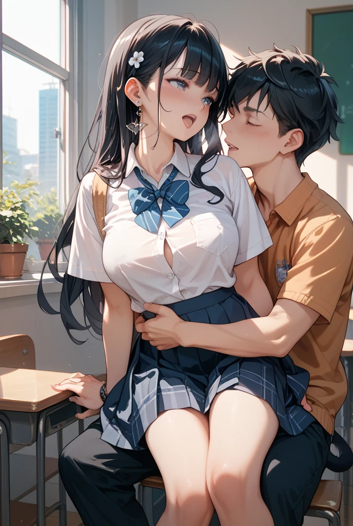 NSFW, (((photographrealistic))), (Shiny skin), (nffsw, in 8K,Wallpaper, High resolution), Perfect Anatomy, Cinematic lighting, Physically-based rendering, Award-winning, highlydetailed skin, extra detailed face, Eyes with beautiful details, Carl Zeiss 85mm F/1.4, (1 man and 1 girl, a couple:1.5), Cute 16 year old Japan schoolgirl, sitting in the chair, (Black hair, Brown eyes, Round face), middlebreasts, Wet school blouse with ribbon, Navy Pleated Skirt Lift, Navy High Socks,Spread legs, Thigh Focus, In the classroom, Blue Hour, (One man is a student, A student is hugging a girl from behind:1.5), student clothes, ((Student touching girl's panties:1.5)), [Full body shot], Shot from below,