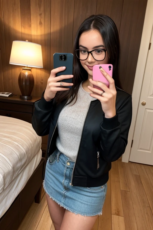 white girl a little chubby, culona, wide legs, waist a little big, with leggings, a black and white jacket, short black hair with bun and oval glasses, taking a selfie of their entire body in the mirror, small stature