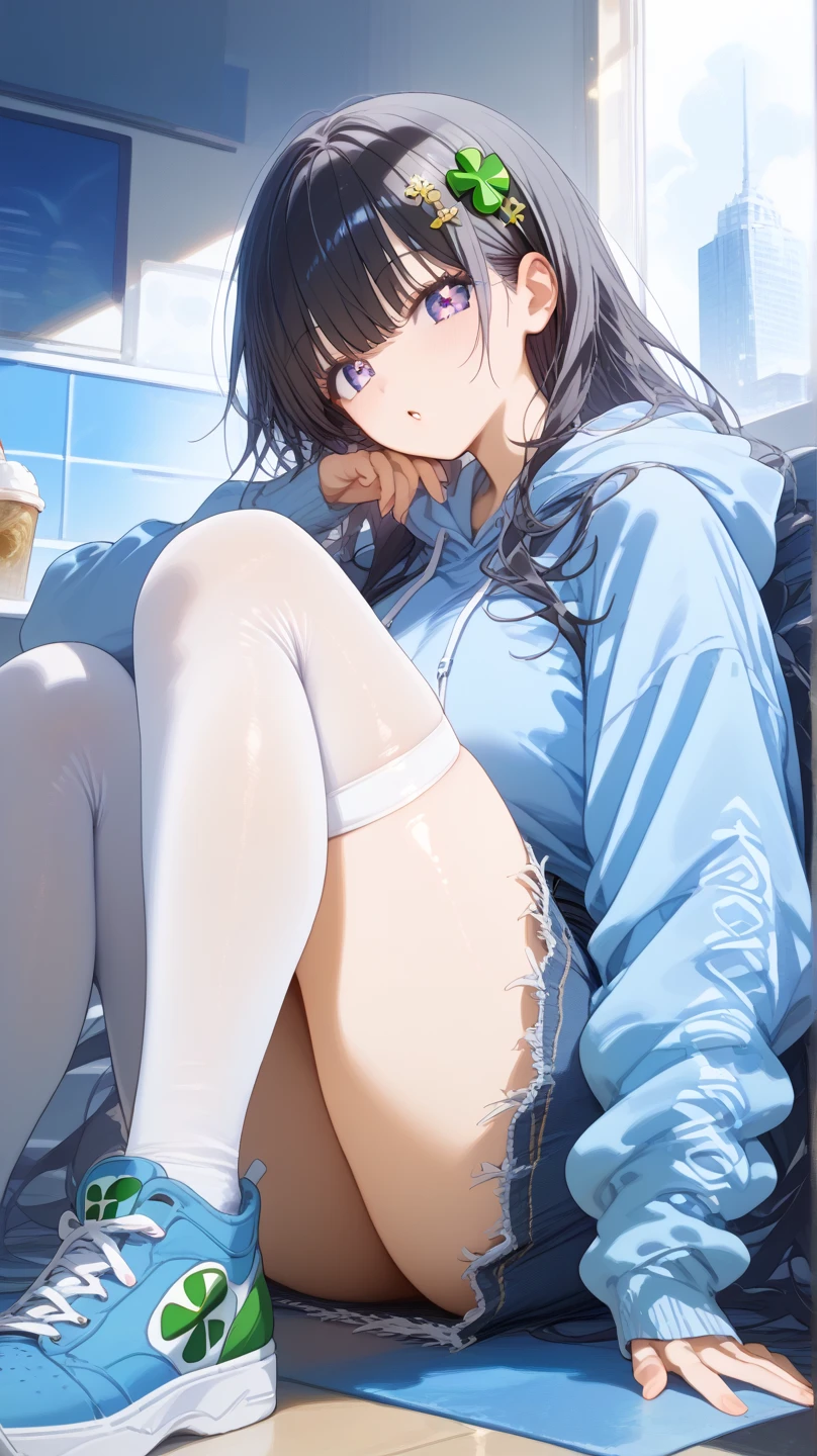 (((masterpiece, Highest quality:1.5,absurdres))),nsfw,30 year old beauty,(dark blue hair:1.3),((very small head:1.2)),long hair,bangs,dark blue eyes,gorgeous eyes,blush、in heat,medium breasts,((very long body:1.3)),((toned body,slender body)),skinny,((tan skin:1.5)),gleaming skin,shiny skin,sweat,((White turtleneck knitwear、Long sleeve、Underboob、navel、Beige shorts、Wet crotch、orgasm),White sneakers、sitting,spread legs:1.2,Black sofa、Coffee shop、Tokyo、