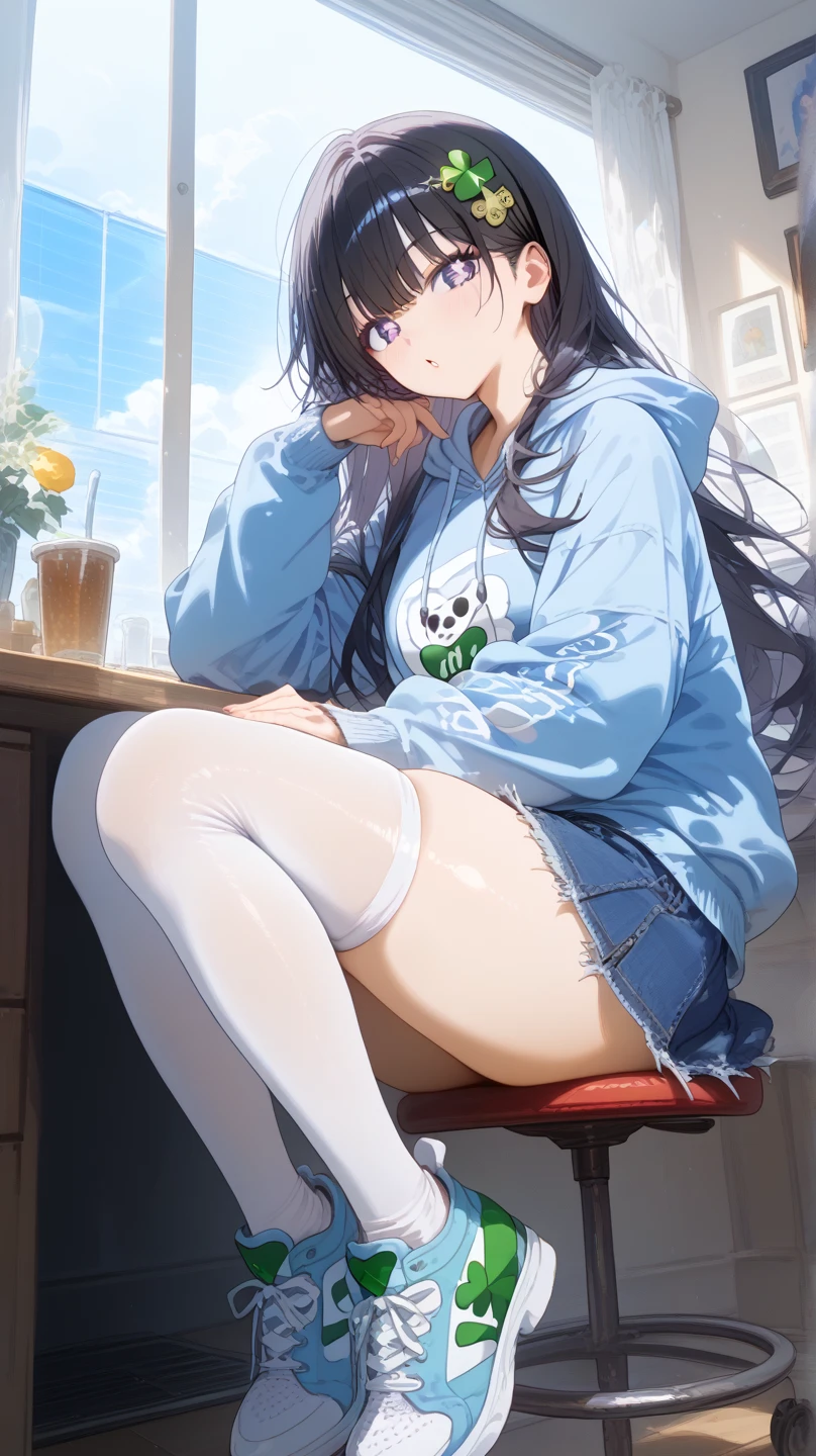 1girl,solo, saorijoumae, saori joumae, blue eyes, blue hair, halo, long hair, black clothes red parts, tall, teenager, sitting on steel boxes, snowy plains, campfire, snow