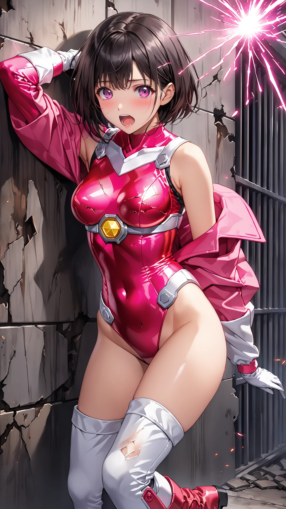 (masterpiece:1.2,Highest quality,Highest quality,High resolution,Very detailed),8k,1 female,Mature female heroine,Female Kamen Rider,(dynamic fighting pose:1.5),(Dynamic hair movement:1.2),(short hair),(Shiny Kamen Rider Suit),(Glowing Skin,Big eyes,Droopy eyes,Long eyelashes,Beautiful thighs,Beautiful Hair,Beautiful Face,Beautiful Eyes,Beautiful body,Beautiful breasts,Beautiful feet,Beautiful fingers),((hands)),((Rider Kick:1.5)),(Serious),(The background is Prism Flash),((Beautiful trading cards,Gold Card)),((kamanrider))