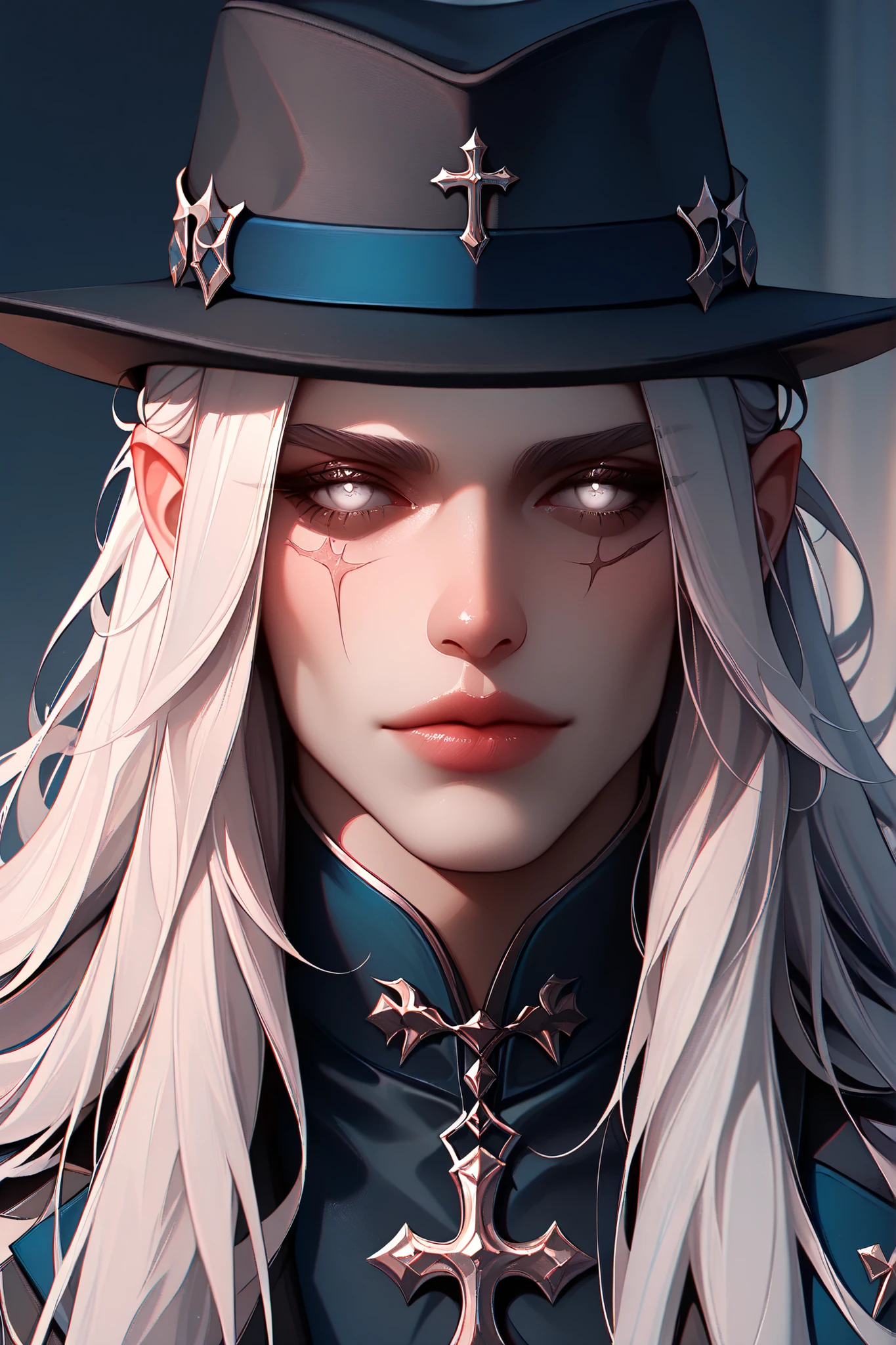 A portrait of a fashionable male, long white hair, white eyes, scar, rendered with detailed linework and a monochromatic color palette of black, white and dark blue, featuring a fedora hat and cross accessories.,masterpiece, best quality,absurdres , masterpiece, best quality,absurdres , digital art style, drawn aesthetic, concept painting, ultrahigh definition,masterpiece, best quality, amazing quality, newest, very aesthetic,