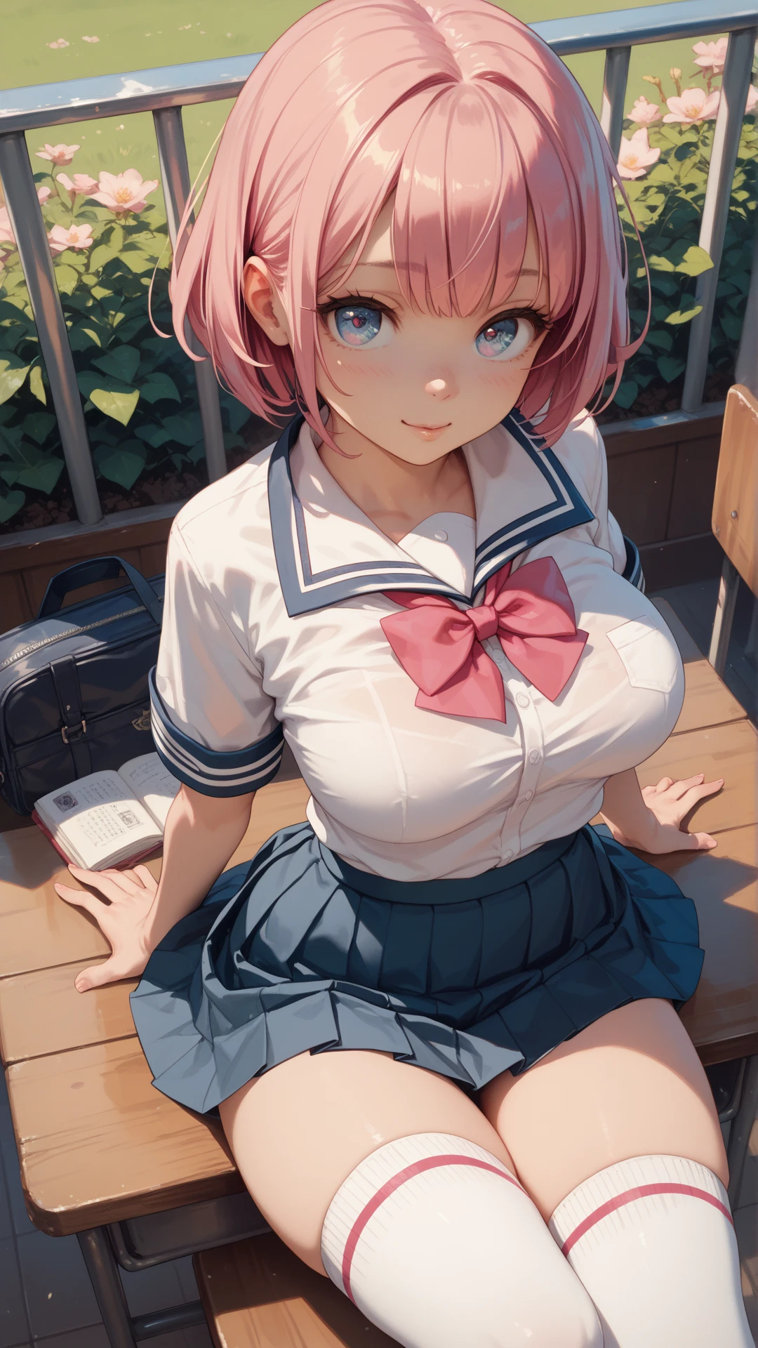 (best quality,4k,8k,highres,masterpiece:1.2),pink hair,Asymmetrical Shorthair,beautiful big breasts,girl's eyes are beautifully detailed and expressive,girl's lips are beautifully detailed,ultra-detailed,realistic,wearing school uniforms,playfully enjoying the moment,colorful and vibrant,soft natural lighting。Loose Socks。White juice on the chest。