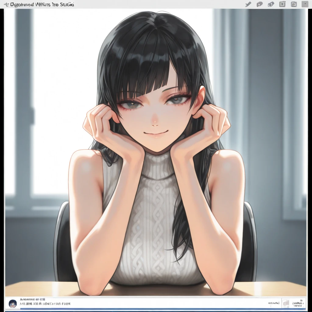 (masterpiece:1.2), (best quality:1.2), perfect eyes, perfect face, perfect lighting, (very dark-skinned female), upper body focus, <lora:Luminyu LoRA:0.6>, 1girl, bangs, black_bra, black_pantyhose, blush, bra, breasts, brown_pantyhose, cleavage, collarbone, full_body, high-waist_skirt, id_card, indoors, lanyard, large_breasts, long_hair, long_sleeves, looking_at_viewer, mole, mole_on_breast, office_lady, open_mouth, pantyhose, shirt, skirt, solo, sweater, underwear