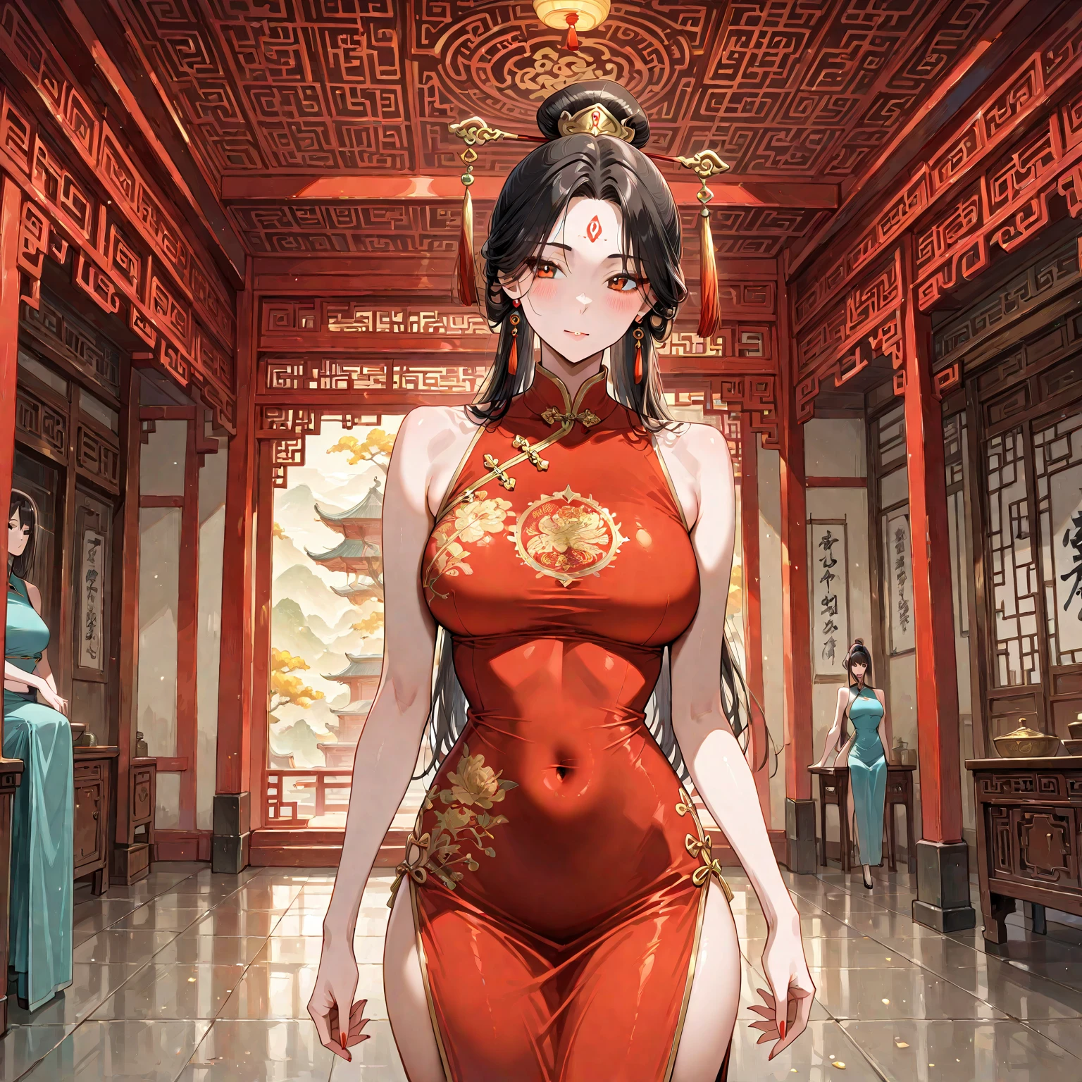 there is a woman in a red dress posing for a picture, a beautiful fantasy empress, japanese goddess, chinese empress, chinese princess, trending on cgstation, chinese girl, beautiful alluring anime woman, asian hyperdetailed, ancient chinese goddess, beautiful render of tang dynasty, palace , a girl in hanfu, ancient chinese princess, trending at cgstation