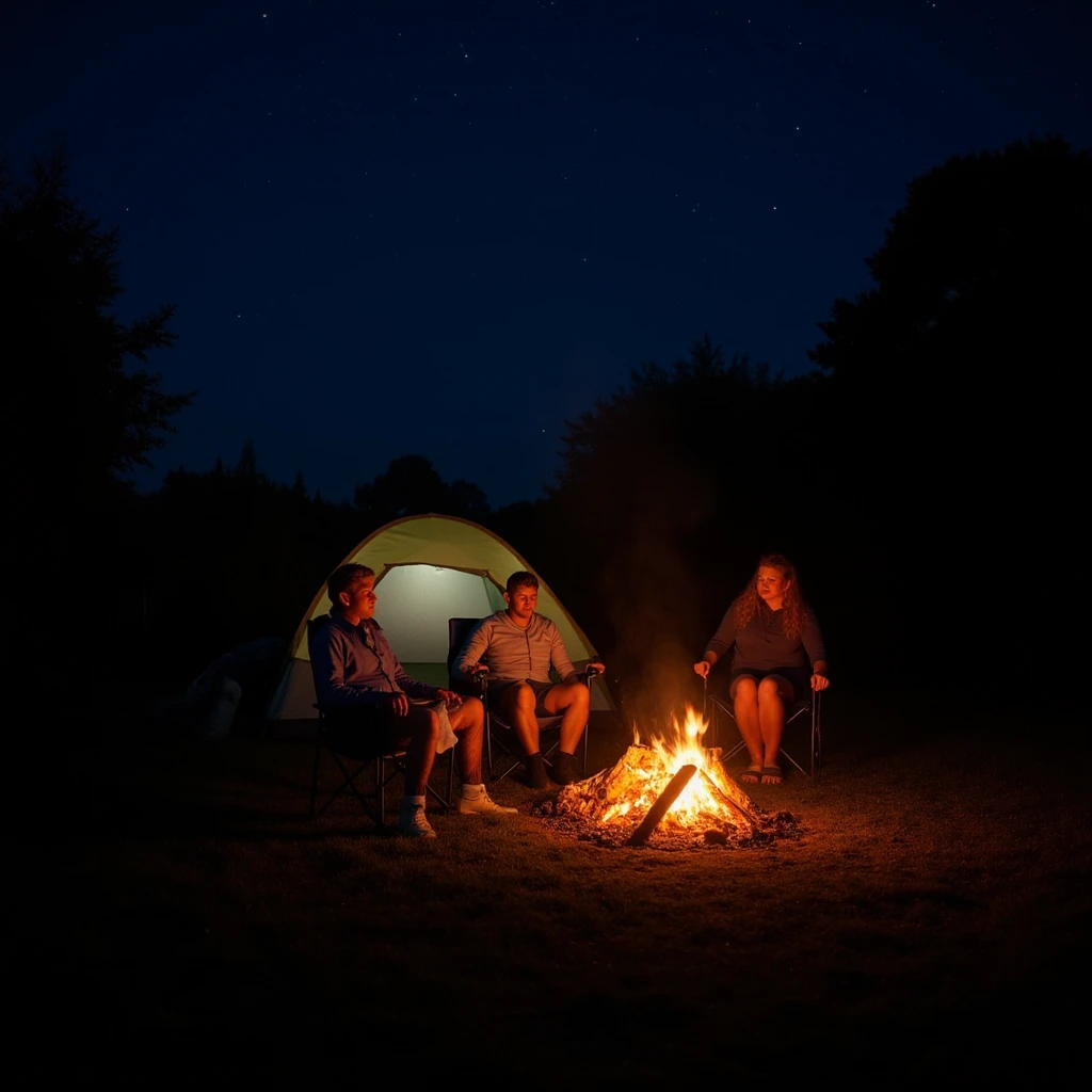 A burning campfire in a dense forest, flames flickering, smoke rising, a tent nearby, people cooking food on a grill, detailed foliage, moody lighting, dramatic shadows, cinematic atmosphere, realistic 3D rendering, photorealistic, ultra-detailed, 8K, masterpiece