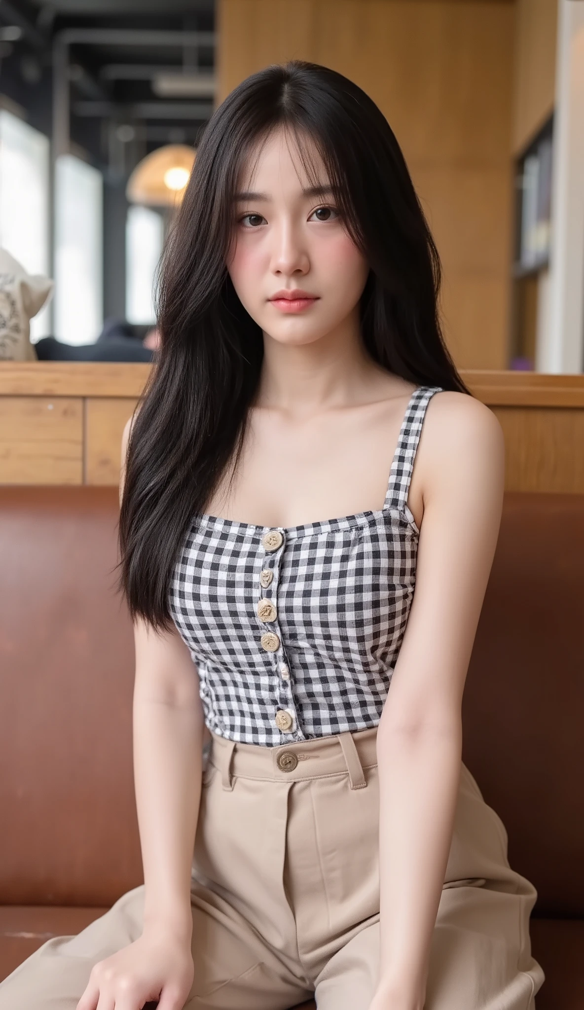 Realistic Teen Women Beautiful Face Black Long Hair Big Breasts Attractive Shape Looking At Camera 8K High Definition Sharp Focus Very High Detail Realistic Like Photo Natural Light Smooth Skin
Sitting in a loft-style cafe in Phra Nakhon, she wore a checkered short-sleeved shirt with beige wide-leg trousers. The atmosphere was warm and stylish.