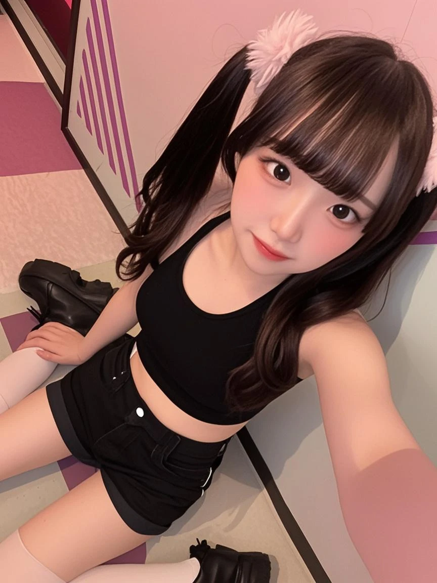 Selfie,Close-up of face,Black Hair,Long Hair,eye shadow,mascara,Cute Girls,On the bed,White wall,1 girl,looking at the camera,White underwear,Tear bags,
