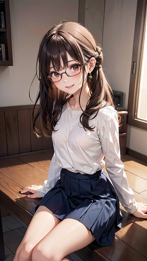 (Tabletop:1.0), (highest quality:1.4), (High resolution:1.2), From the side,Sharp contours, boyish, highest quality, masterpiece,Glasses,Voice of the Heart,20-year-old woman,yandere,Big Breasts,Chest to chest,Lying face down,Ecstasy,saliva,blush,Squint your eyes,Heterochromia iridis,Tuck up your clothes,lure,under shot,skirt lift,zettai ryouiki,open clothes