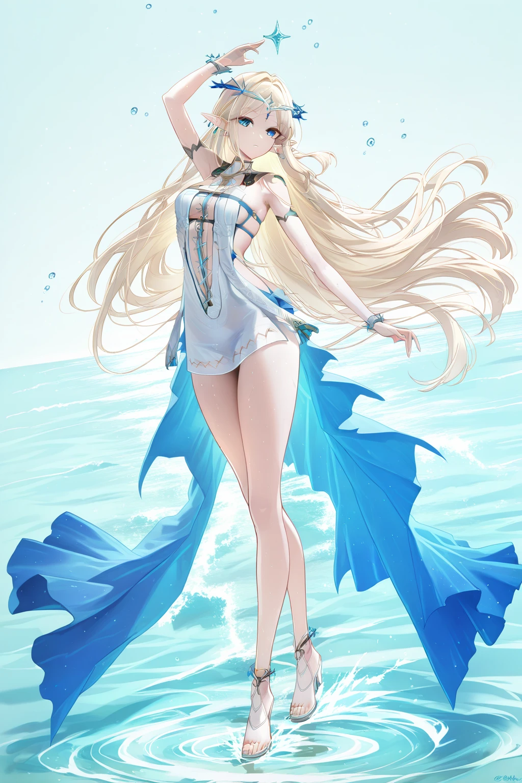((masterpiece, Best Quality)), High Definition, high quality texture, 8k wallpaper, ((Swimming in the water, view from below up:1.3)), ((light leaks, Poured Light, soft light, The moon seen from underwater, Beautiful lighting)), [1sexy girl:1.1], (perfect and beautiful face, A shy smile, mesmerizing eyes, Blonde Straight Hair, short hair, pale blue eyes, White shiny skin, Natural lips, sexy thighs, full body, Transparent Sexy lingerie, Nipple protrusion in lingerie), Fish swimming, (vibrant colors:1.3), Underwater Flower, Colorful seaweed, Professional photography, Rainbow Prism, fantasy art, 