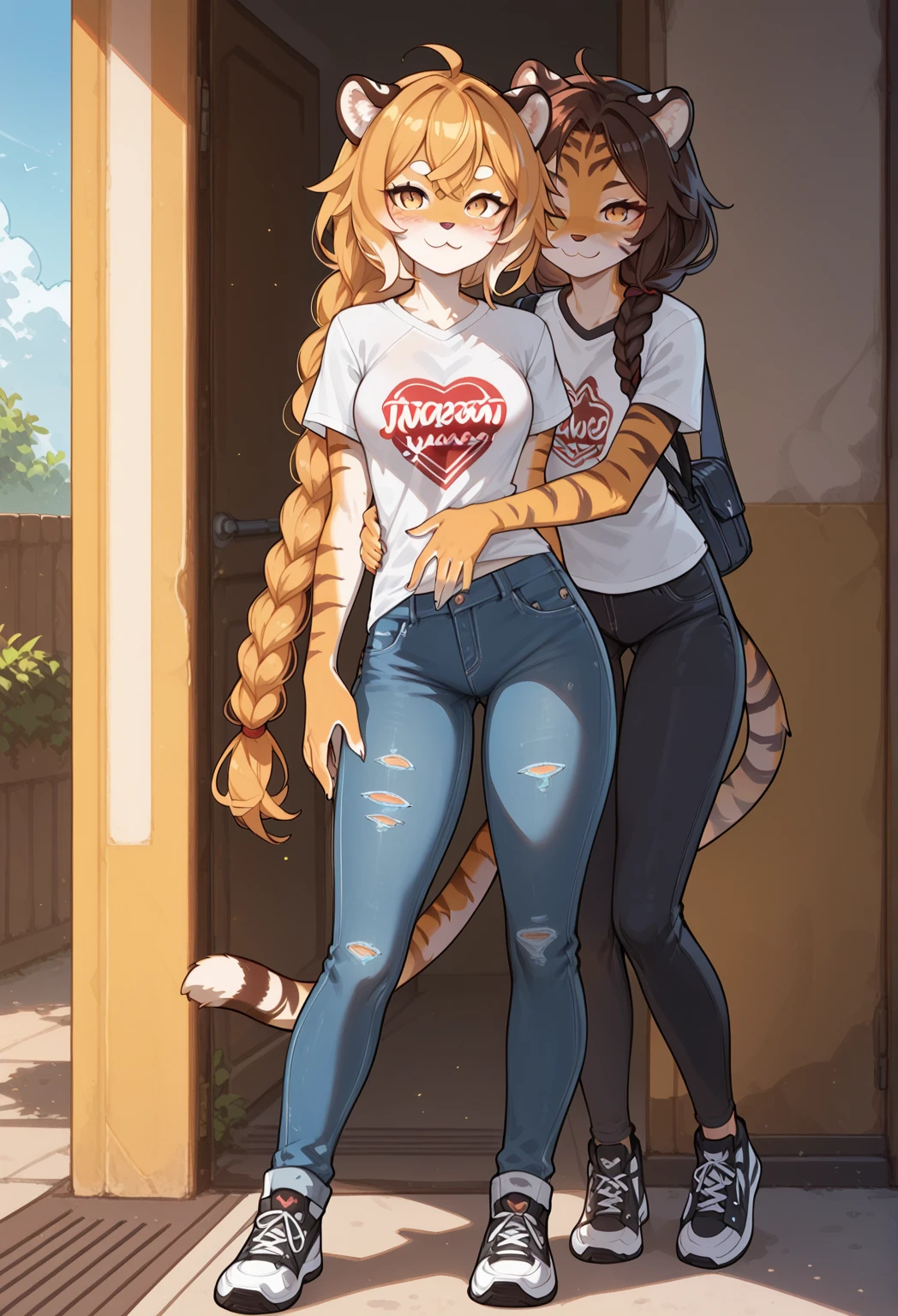 (( straight face picture )) ((best quality)), ((Masterpiece)), (details), Young woman ,cat ears ,yellow hair , Follow the green color, hug the cat. ,Yellow shirt with open shoulders , jeans skirt , has a tail, big breasts,Big butt ,city