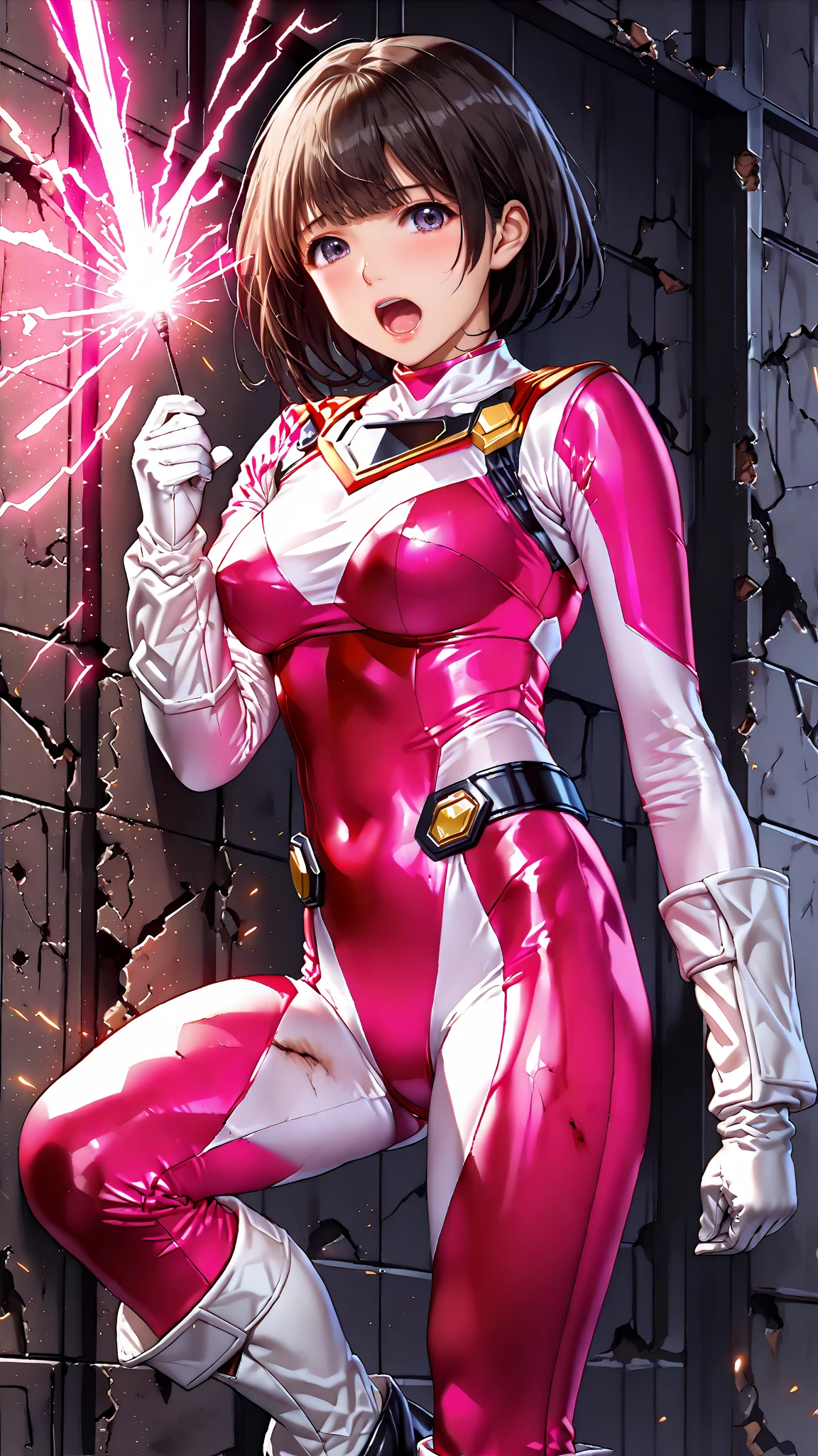 Luca Milfi、Gokaiger、Brown Hair、Short Hair、((pantyhose))、Photo from below、Medium chest、Bedroom、((Pink Ranger))、One girl、((Bodysuits))