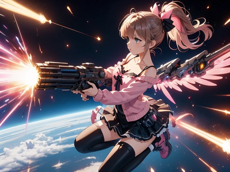 (((masterpiece))), (((best quality))), (((full body))), (((from side))), (((dual wielding twin buster rifle))), (((magnum sniper rifle))), (((colorful huge beam impact))), (((firing))), (((glowing))), (((power)), (((electricity))), ((beige mechanical wings)), (((pink gothic lace see-through tight suit))), ((off shoulder)), skirt, ((leggings)), (((flying))), (((space))), earth \(planet\), (((starry sky))), (((planet))), solo, 1girl, cleavage, (((big tits))), very long hair, black twin bun hair, hairclip, ribbon, open mouth, sweat, shy, blush, ((slim figure)), <lora:girlliketwinbusterrifle:1>