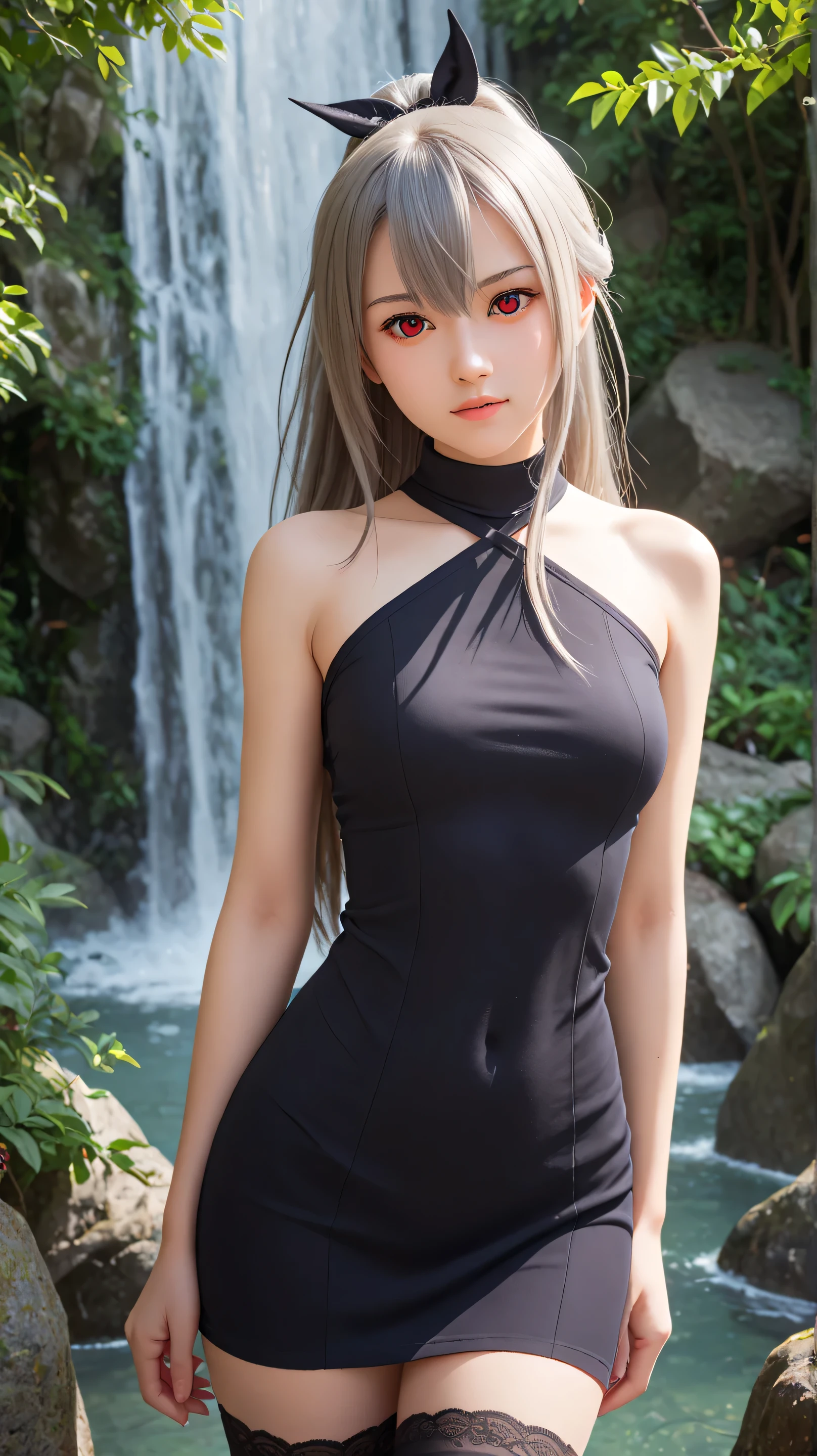 1girl, solo,eydish,red eyes,gray hair,long hair,outdoors,potrait,medium breast,forest,(half body:1.4),(bare shoulders:1.5),front view,standing under waterfall,navel,waterfall background,looking at viewer,(close up view:1.4),(wear stockings:1.3), black clothes,ponytail