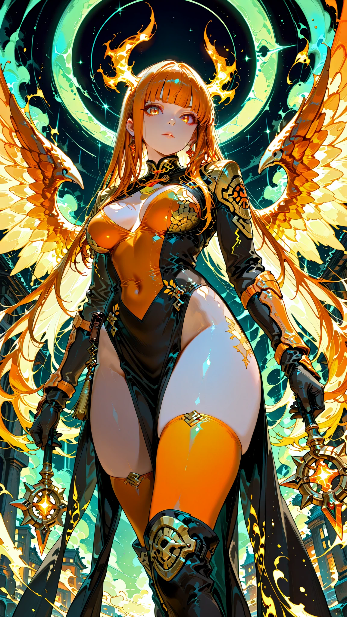 (((masterpiece))), (((best quality))), ((ultra-detailed)), (illustration), ((an extremely delicate and beautiful)), ((super detail)), ((high resolution)), (((20 years old))), metallic cloth, (maid), (android), ((mechanical wings)), delicate metal decorations, gleaming skin, shiny body, two legs, breast focus, (((tall))), slender legs, ((big round eyes)), cute eyes, drooping eyes, ((adult)), two hands, five fingers, no extra hands, elegant smile, braid, medium length hair, ((metallic orange)), (see-through), (dark blonde), (ultra-huge breasts), safe for watch, (shining brightly), outdoor, afternoon, shining sun, ((biopunk)),