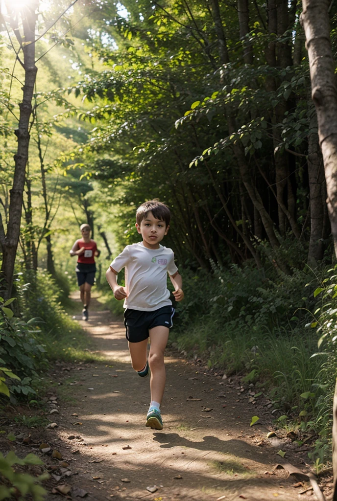 (SFW), two running boys, spring outing, happy, backpack on back, little car toy in hand, forest in the background, perfect quality, clear focus, colorful, perfect face, intricate details, ultra-low viewing angle, wide angle lens