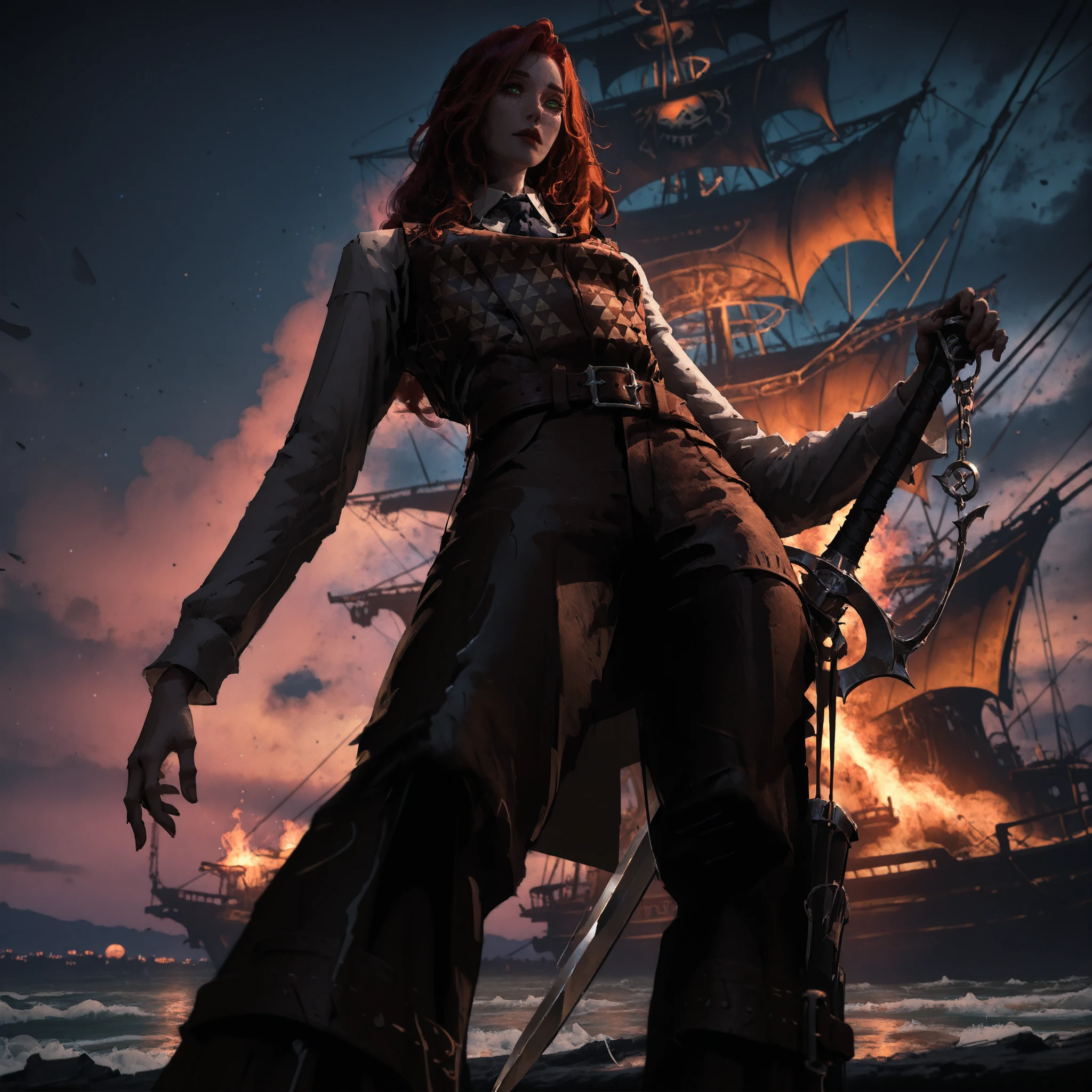 artist: wlop, masterpiece, best quality, illustration,( a woman with pale skin and freckles), brown red hair, wavy medium length hair, green eyes, detailed face, wearing pirate clothing, brown leather pants, simple cream dress shirt, patterned leather vest, holding cutlass sword made of bone and coral, belt for dagger on leg, fantasy, perfect anatomy, detailed, lighting, colorful, slim body, fit body, ideal ratio body proportions, tall, Realistic Shadows, detailed face, detailed eyes, epic, highly detailed, illustration style background, cinematic background, cinematic lighting, detailed eyes, Official Art, face focus, eye focus, high resolution, cinematic, perspective, war and blood and fire theme, red and brown tones, scenery background, pose, 8k, night sky, landscape, (official art), (scenography), (the Extremely Detailed CG Unity 8K Wallpapers), perfect anatomy, detailxl, SoulFightersStyle-IL.V1.0, SoulFightersStyleSplashArt-IL.V1.0, simplistic style, on a pirate ship that is on fire,