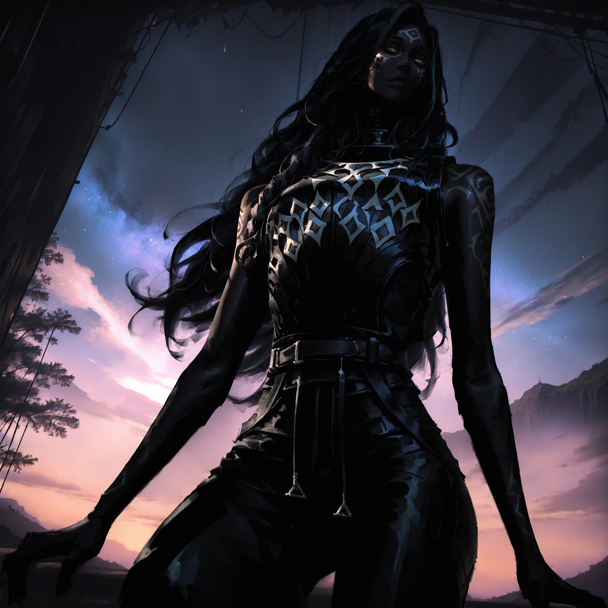 artist: wlop, masterpiece, best quality, illustration,( a woman with black skin), black hair, wavy wild long hair, green eyes, athletic build with defined muscles, detailed face, wearing tribal combat clothes, black leather pants, black patterned leather vest, fantasy, perfect anatomy, detailed, lighting, colorful, slim body, fit body, ideal ratio body proportions, tall, Realistic Shadows, detailed face, detailed eyes, epic, highly detailed, illustration style background, cinematic background, cinematic lighting, detailed eyes, Official Art, face focus, eye focus, high resolution, cinematic, perspective, intense theme, dark tones, forest scenery background, pose, 8k, night sky, landscape, (official art), (scenography), (the Extremely Detailed CG Unity 8K Wallpapers), perfect anatomy, detailxl, SoulFightersStyle-IL.V1.0, SoulFightersStyleSplashArt-IL.V1.0, simplistic style,