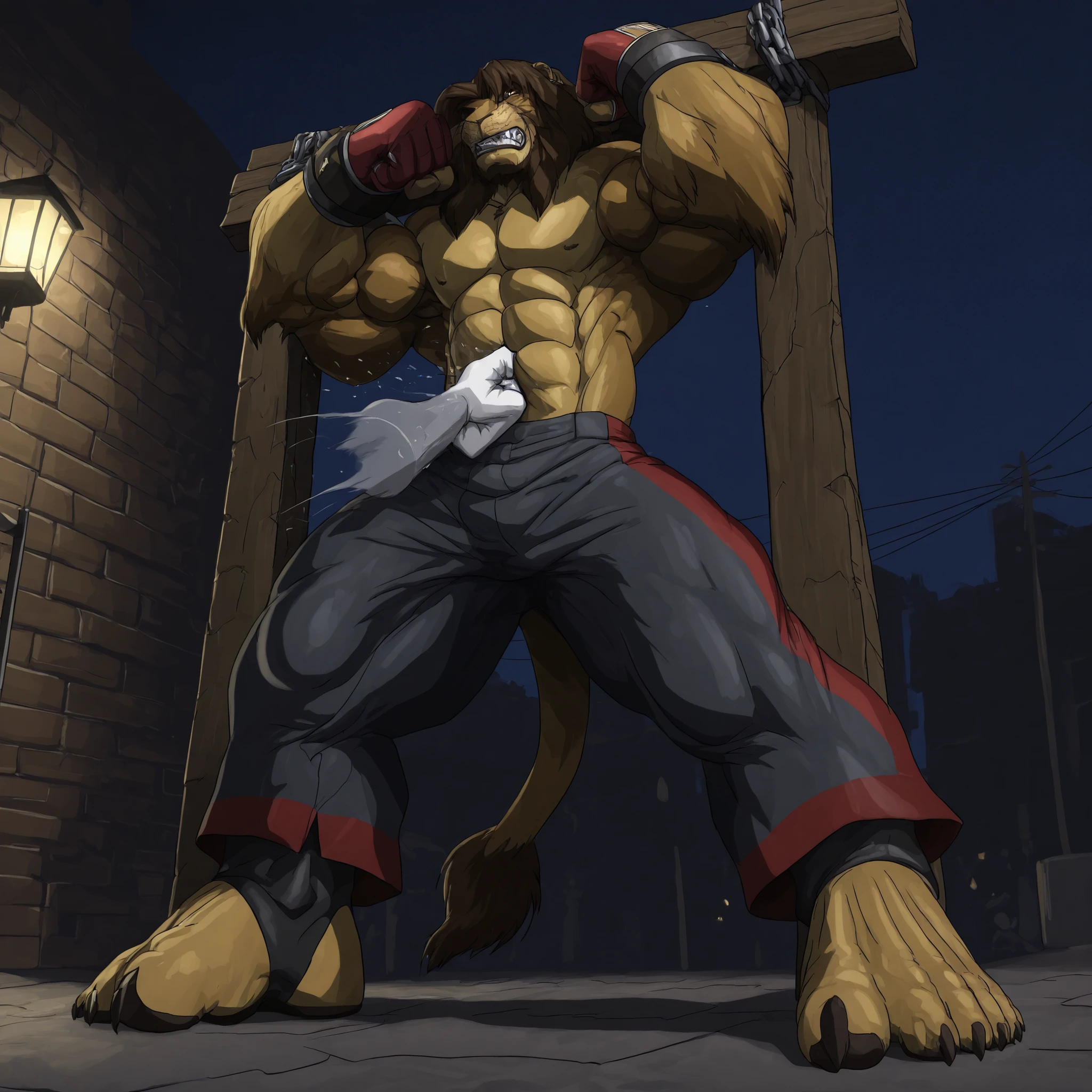 (masterpiece, highly detailed face, detailed realistic dark brown eyes),  Highest Quality, 4k, masterpiece, solo, Amazing Details, highly detailed face, (Galen Dhaelos, lion head, thick eyebrows, 1boy, dark brown mane, FULL BODY, face, muscular, strong, lion tail), pants, intense stare, anger, shock, night time, streets, break, standing, attacked, assault, assaulted, tied, bound, spread eagle, hands tied over head, legs tied spread wide, Saint Andrew’s cross, trapped, prisoner, captured, captive, ghost hands, punch in gut, gut punch, GUT PUNCH, GUT PUNCHING, fist to abs, upper cut, getting hit, contact, punched, getting punched in the stomach