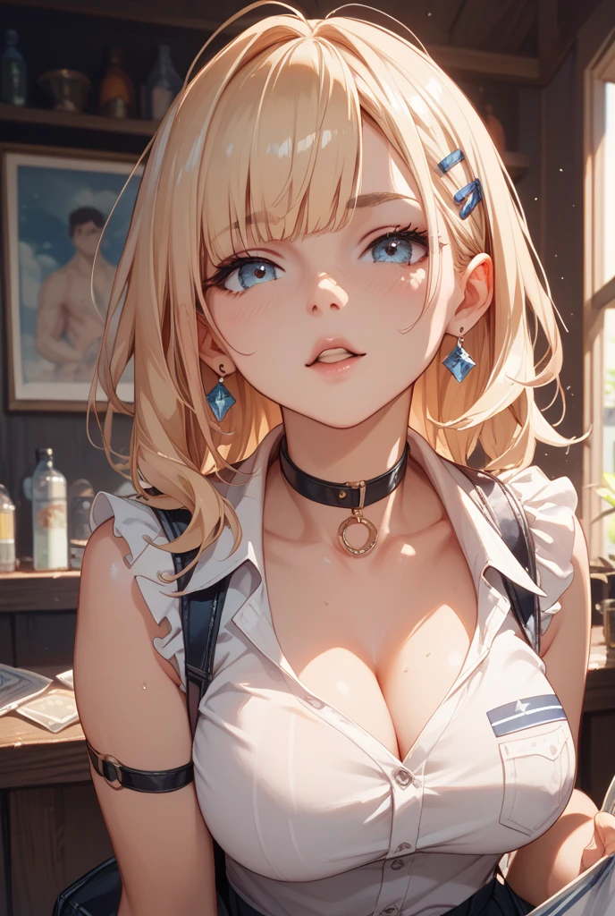 (Blonde long hair)、 prostitute standing facing forward 、Full body posture、 (A detailed eye、blue eyess、二重まぶた、A slight smil、embarrassed from、Opens mouth and laughs)、 (Short White Polo Shirt:1.3)、(Show cleavage:1.5)、(Black pleated skirt:1.3)、(Sexy blue panties:1.2)、(Holding a black handbag))、((Colossal tits))、underbore amert:1.3)、Model body type、(short and slim abs))、(５Fingered hand、Highly detailed facial and skin texture、(brown skinned:1.5))、 (Super close-up from above:1.2)、Focus on the crotch、(Looking at the camera:1.2))、((top-quality、8K,​masterpiece:1.3))、(Beautiful woman with perfect figure:1.4)、(Graffiti art wall with colorful letters:1.3)、