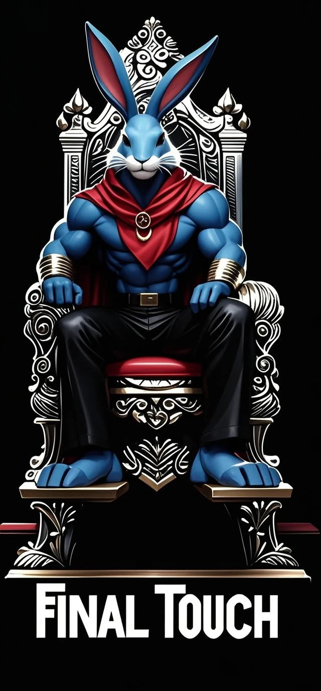 I want a realistic photo featuring a handsome, muscular man with blue skin, tattoos, and gold necklaces. The man has the head of a snake and is sitting on a throne. Around him, there are skulls, and lying on the ground are defeated hero characters, including a gorilla, panda, and raccoon. The character sitting on the throne is holding an otter. Next to the throne, there's a gold-plated AK-47, and he has a cigar in his mouth. On the other side of the throne, a beautiful blonde Italian woman with fair skin is hugging him from behind. There will also be a dead gorilla and panda on the ground, along with an otter and a raccoon.