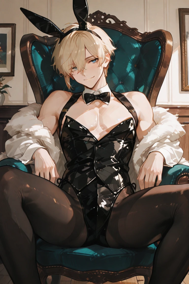 Score_9, score_8_up, score_7_up, source_anime, fine anime screencap_xl, anime_screencap, BREAK, aether, genshin impact, biy, gay, yaoi, femboy, otoko no ko, blonde hair, doctor stone, indoors, bedroom, latex, fake bunny ears, bunny suit, solo, closeup, face closeup, dark, night, prostitute, prostitution, hooker, red eyeshadow, blue eyes, smacking lips