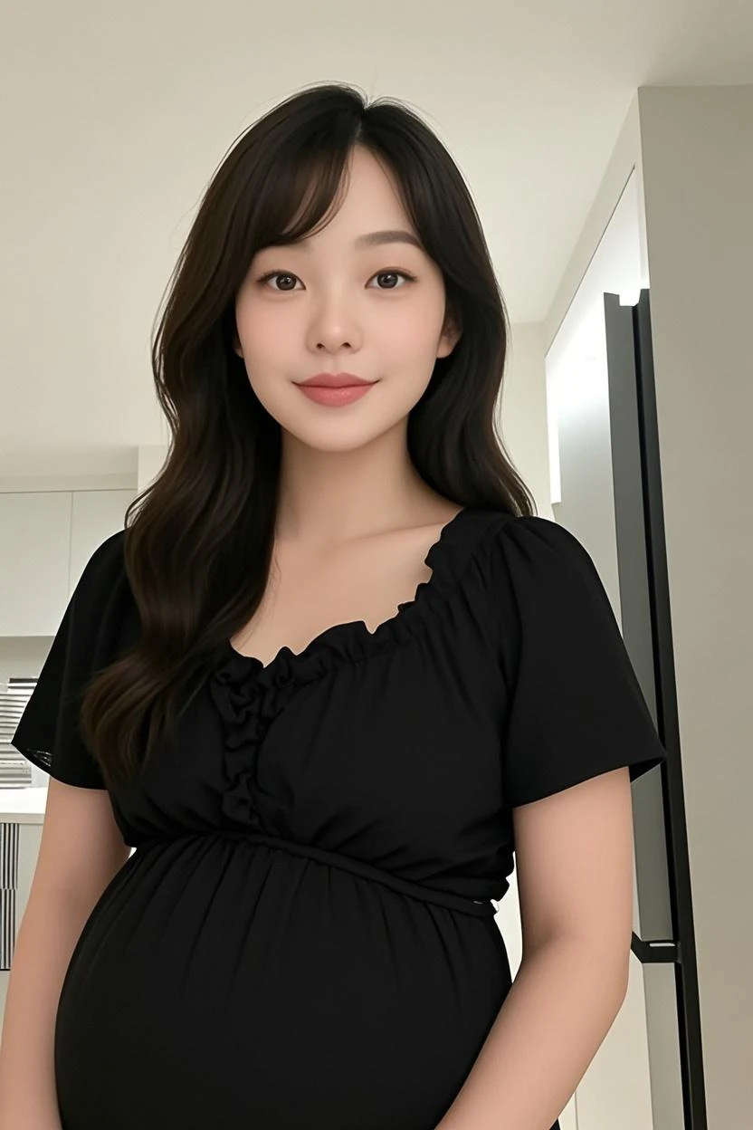 One pregnant woman Pregnant。((My stomach is just a little bloated))masterpiece, Highest quality, Very detailed, Surreal, Realistic, Detailed Studio, She is a judge on an audition show., Sitting in a chair。There is a desk in front of it。Teaching juniors at the lesson studio。profile、He has a pen and paper in his hand。smile、Look diagonally upwards
