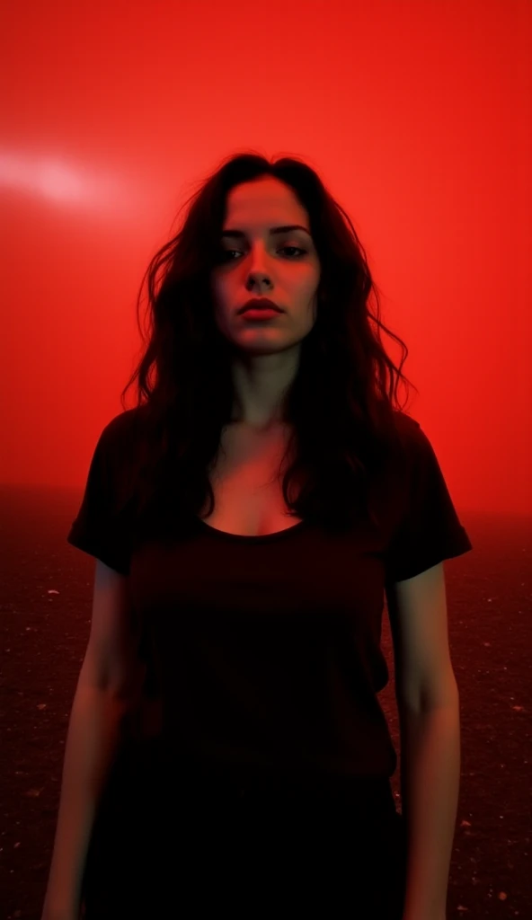 a woman with straight black hair light blue eyes and a black blouse is holding a neon light, with a red halo over her head, three point lighting bjork, red neon light, red lighting on their faces, red neon lights, brilho de lente brilhante garota wraith, dark neon lighting, por Emma Andijewska, olhos led vermelhos, red lighting, neon dark lighting