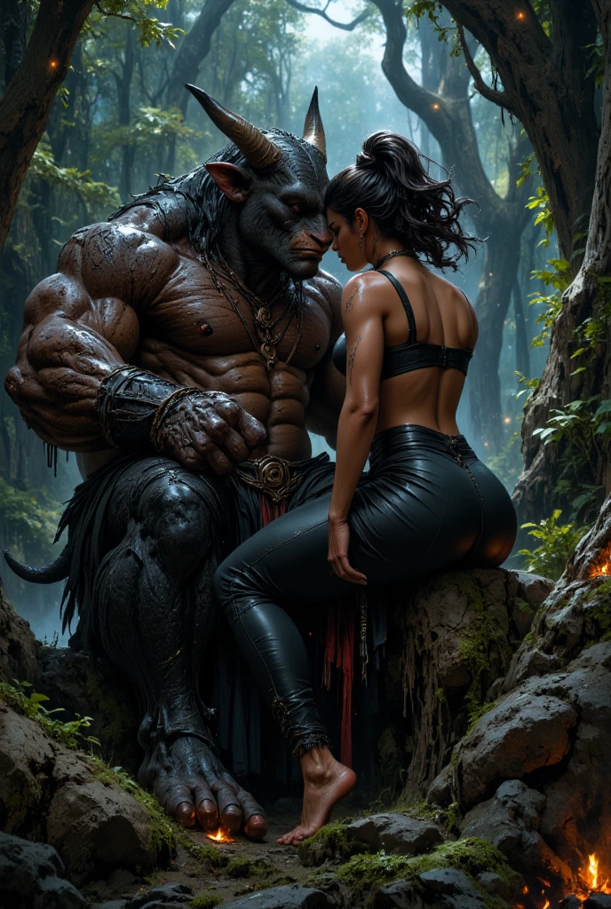  male and female anthro bull and human couple, concept art, closeup, masterpiece, high quality, abs, duo, suggestive romantic scene, grabbing butt, missionary position, side view, penetration, 