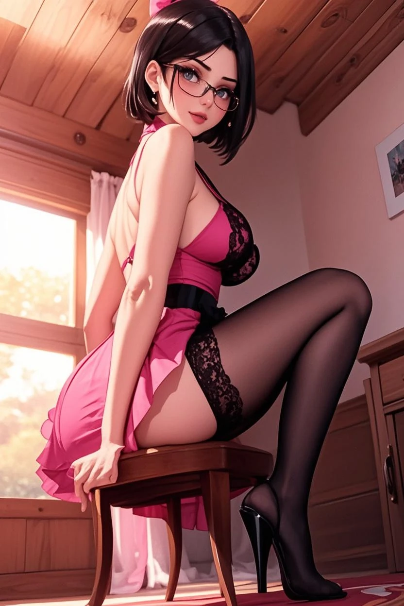 merula, sitting on a chair with her legs up, gaming chair, sexy pose, sitting pose, pink high heels , legs up, side view, sexy black bra, sexy  pink panties
