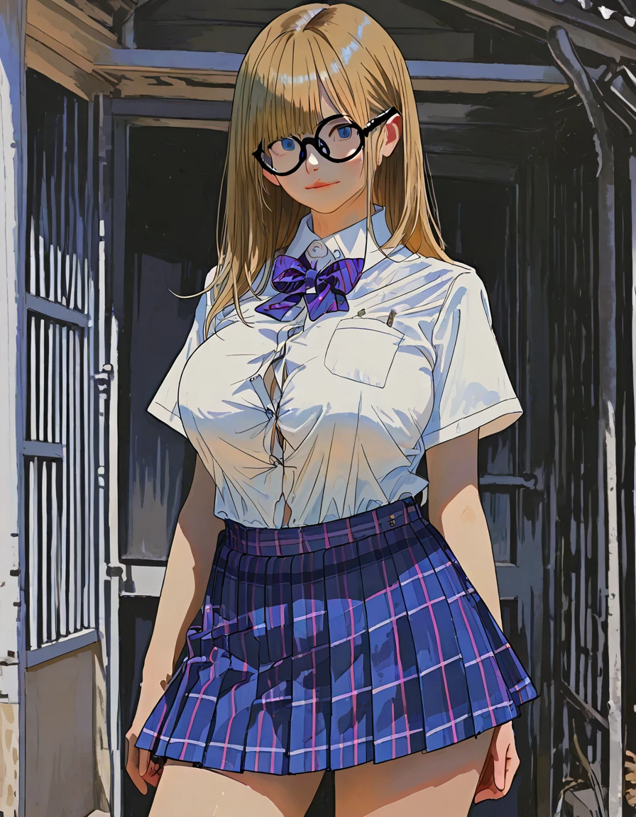 Masterpiece, a beautiful young woman, (fantasy school library background), ((naughty  outfit)), open shirt, (very short skirt), (stockings), loose tie, glasses, (medium breasts), perfect body, blonde hair, legs, (skin texture:1.1), best quality, ultra high res, (photorealistic: 1.4), Raw photo, Rich Colors, Realistic, Cinestill 800, backlight, rimlighting, studiolighting, Penthouse photoshoot