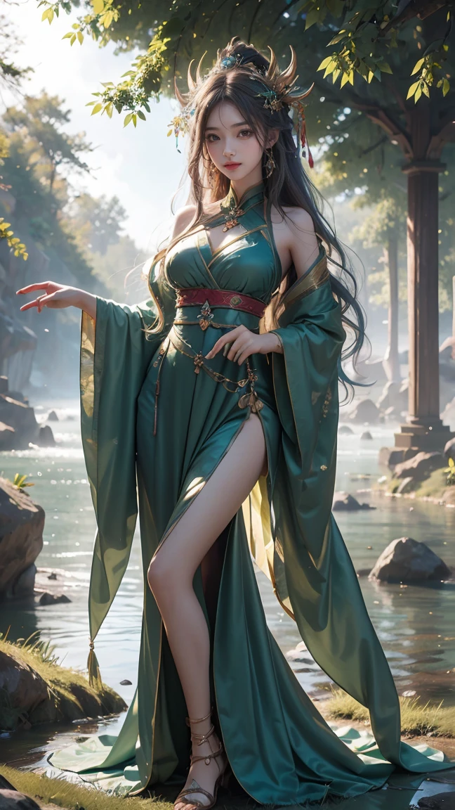 ((Perfectly insane textured)), ((Perfect proportional object arcithecture)), ((Perfect photo)), ((Super ekstremely detiled)), ((best quality)), ((masterpiece)), (bright face), (big boobs), (detailed), (full body), (anti aliasing), (standing tightly), (wearing high heels), (perfect proportion face), full body of southeast asian woman, beautiful face, Baroque masterpiece, nyi roro kidul, wear green kebaya, traditional javanese dress, casting an enchanting huge dragon spell on the waters, summoning her supernatural powers., Mysterious, green eyes, long black hair, realistic, 4K resolution, masterpiece, best quality, detailed, 8k, ultra detailed, flying in the ocean, thunder, dark cloud, looking straight, ultra hd, realistic, vivid colors, highly detailed, UHD drawing, pen and ink, perfect composition, beautiful detailed intricate insanely detailed octane render trending on artstation, 8k artistic photography, photorealistic concept art, soft natural volumetric cinematic perfect light, perfect composition, natural, ultra realistic, photo-realism, intricate detailed, insanely detailed, hyper detailed, sharp focus, intricate details, highly detailed, symmetry, intricate, volumetric lighting, beautiful, rich deep colors masterpiece, sharp focus, ultra detailed