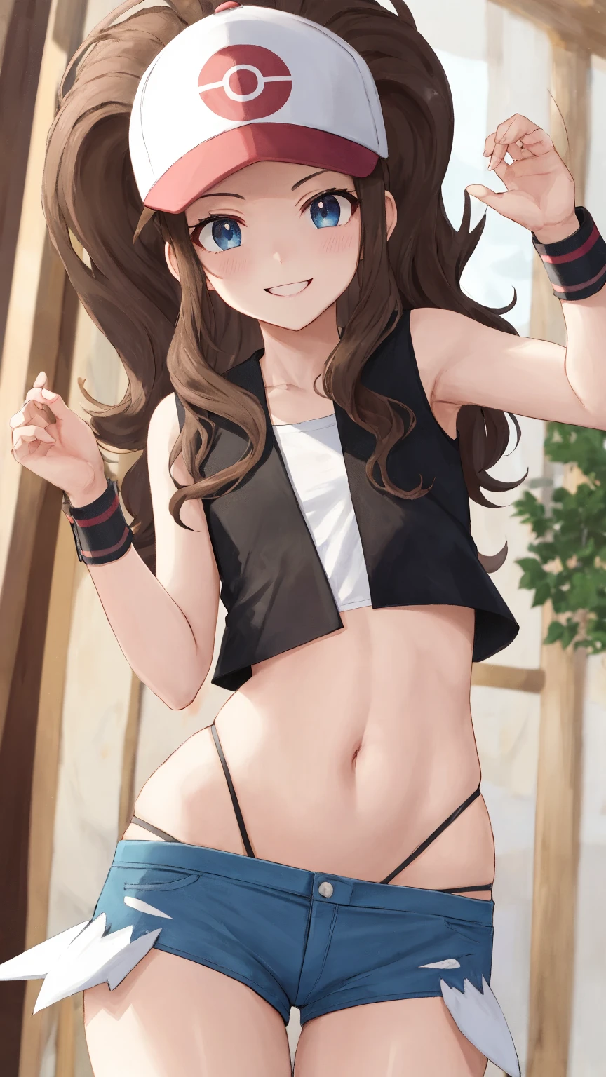 masterpiece, best quality, ultra detailed, 1 girl, micro short shorts, (tube top), side ponytail, small breasts