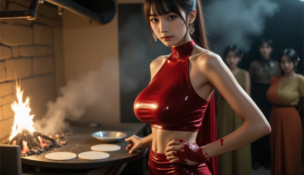 Sexy girl in red top and blue pants standing in front of stove, Bigchest,heavy makeups,kisses,bare chest and waist,Enchanting seduction,