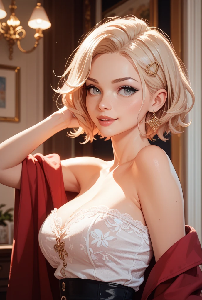 1girl,a beautiful fashion model ,(masterpiece, detailed background, best quality),short and shiny hair, white hair with highlights,smirk,juicy lips,red lips, calmart, lingerie, stripping, elegant makeup, blue eyes