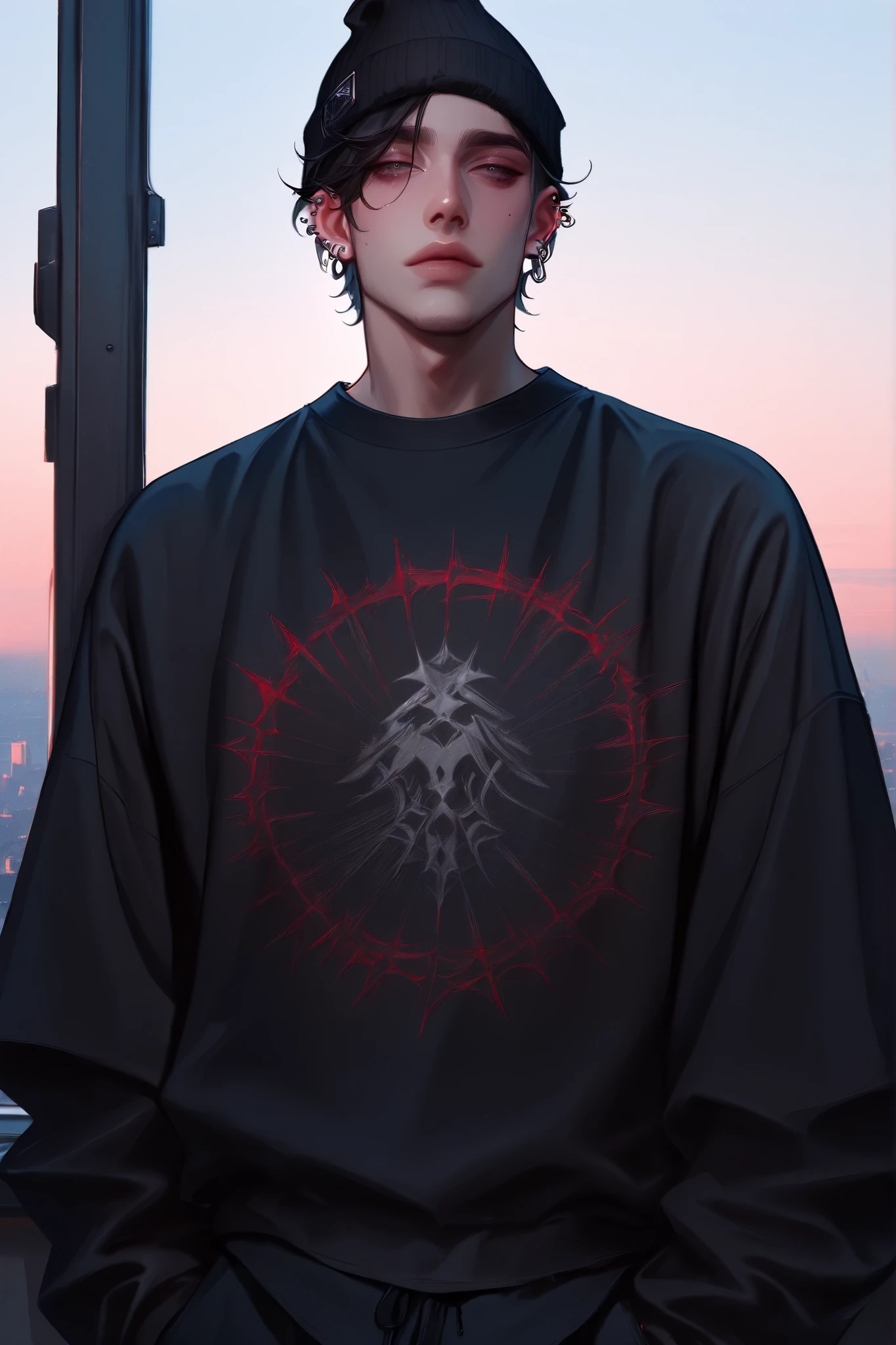 1boy, male focus, gothic male, black hair, piercings, beanie, masterpiece, best quality,absurdres , digital art style, drawn aesthetic, concept painting, ultrahigh definition,masterpiece, best quality, amazing quality, newest, very aesthetic,