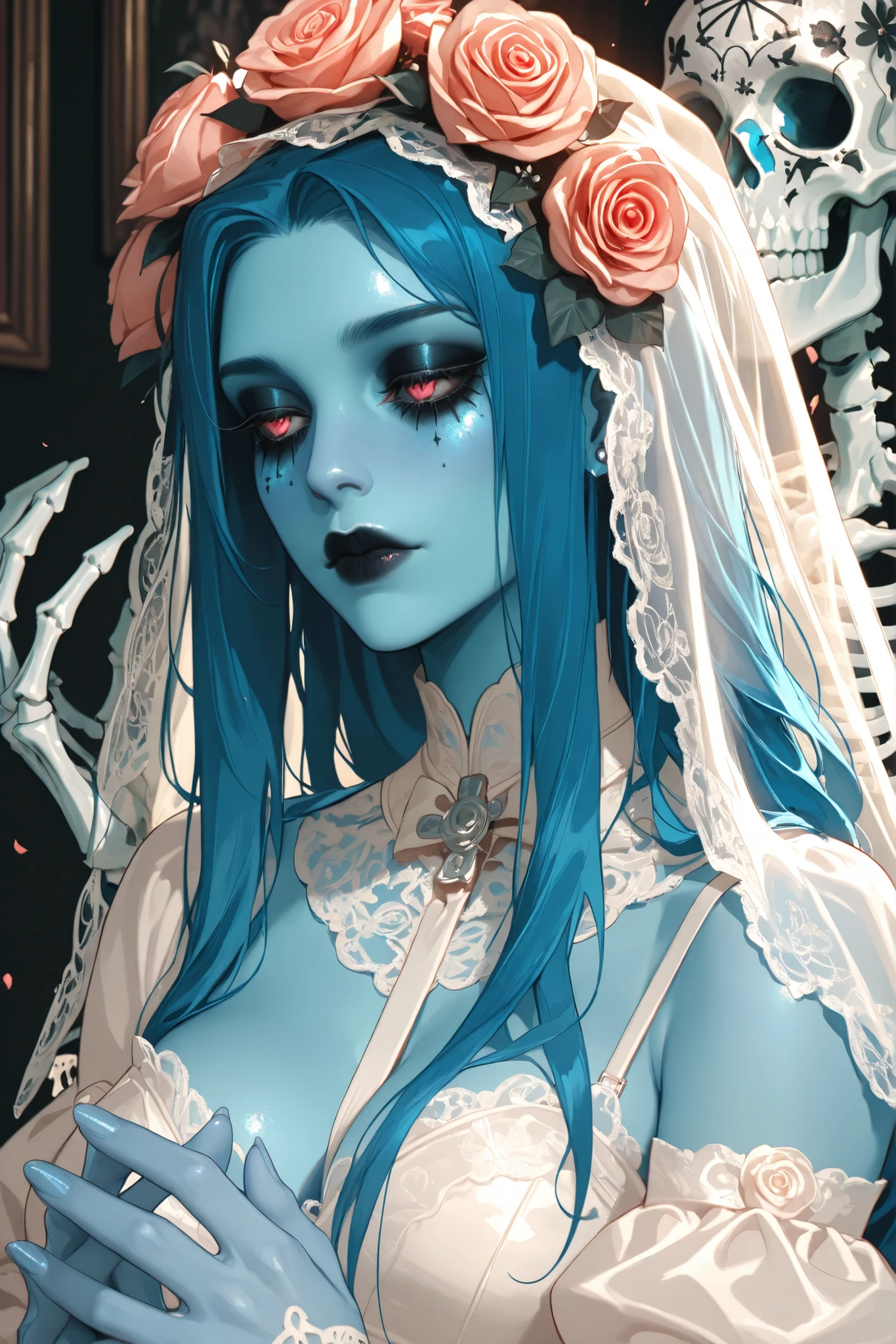 masterpiece, beautiful, anime girl, blue skin, blue hair, long hair, dia de los muertos, gothic, bride, veil, lace, roses, skeleton hands, intricate details, highly detailed,
