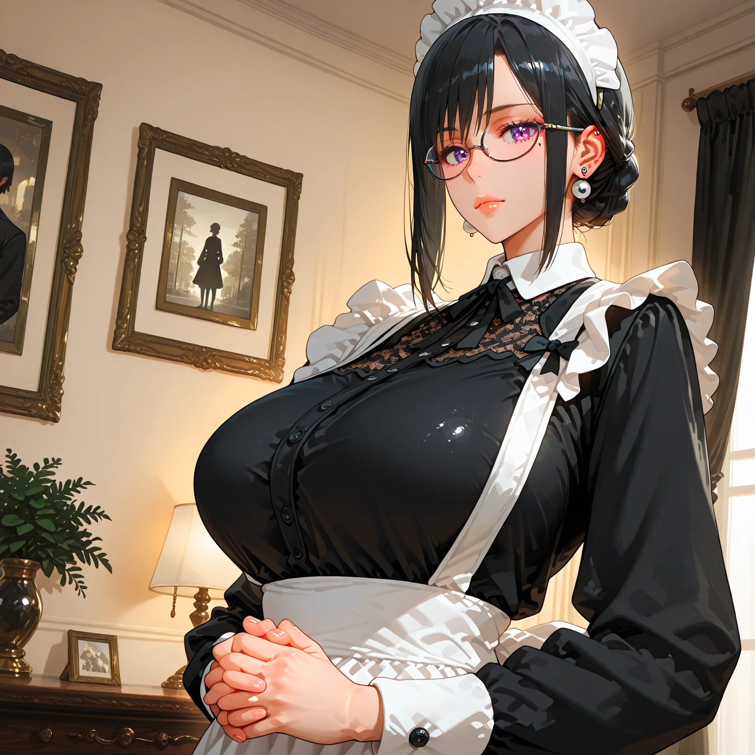 masterpiece, best quality, photorealistic anime style, ultra high res, ultra-detailed,Tilda, black hair, eye covering bang, calm, emotionless, black and white maid outfit, living room, huge breasts, widehips, beautiful, blue eyes, short red tie, thighhighs boots, left eye covered by hair, slightly narrow eyes, apron, standing, formal, cowboy shot, 1 girl, solo, alone