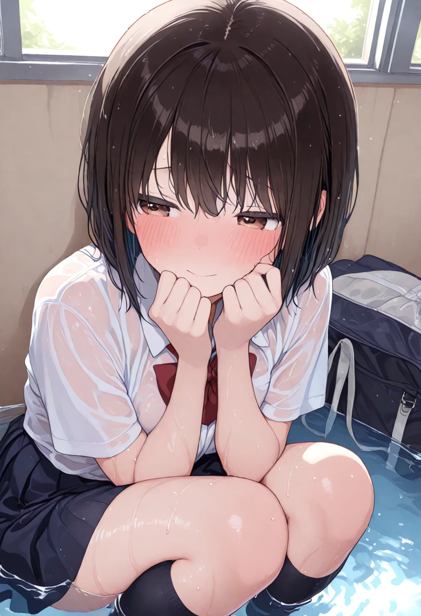 looking ahead,from above,kneeling,handjob,side view,face focus,open mouth,tongue out,cum on tongue,Licking a white dildo,(1girl,Beautiful 14 year old girl),((Slender,Small breasts,Baby Face,Small face,)),looking at viewer,Black Hair,bangs,two side up,Gray Eyes,Drooping eyes,slit pupils,narrow eyes,,Short sleeve shirt,Grey checked tie,Grey checked mini skirt,Navy blue socks,Beautiful and detailed anime art,Mischievous smile,Dimly lit room,Simple Background,Gray background,Low lighting
